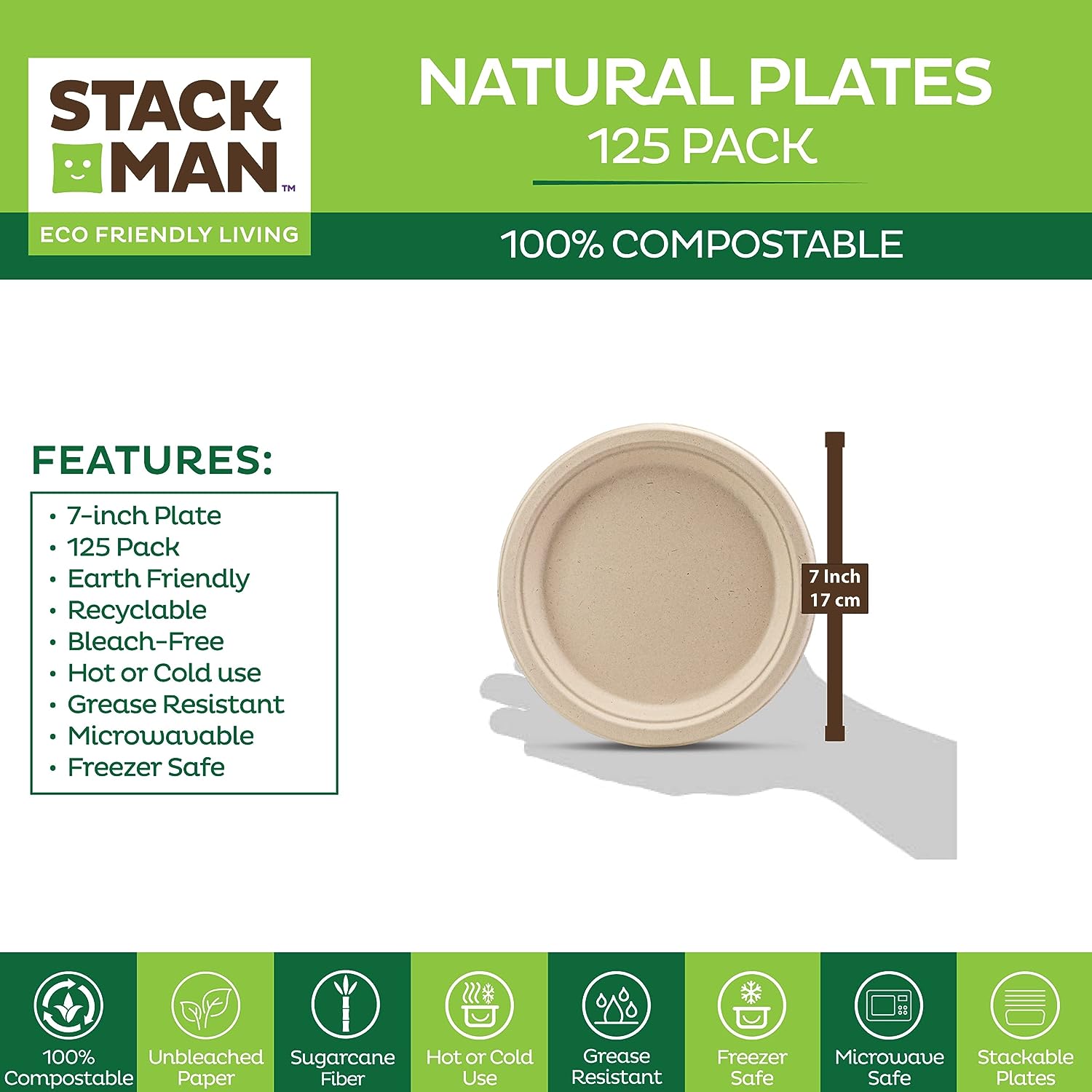Paper Plates, 100% Compostable Heavy Duty Disposable Plate - [125-Pack] - {PFAS-Free} - {BPI Certified} - [9 Inch] Eco-Friendly, Biodegradable Bagasse Natural Brown 9