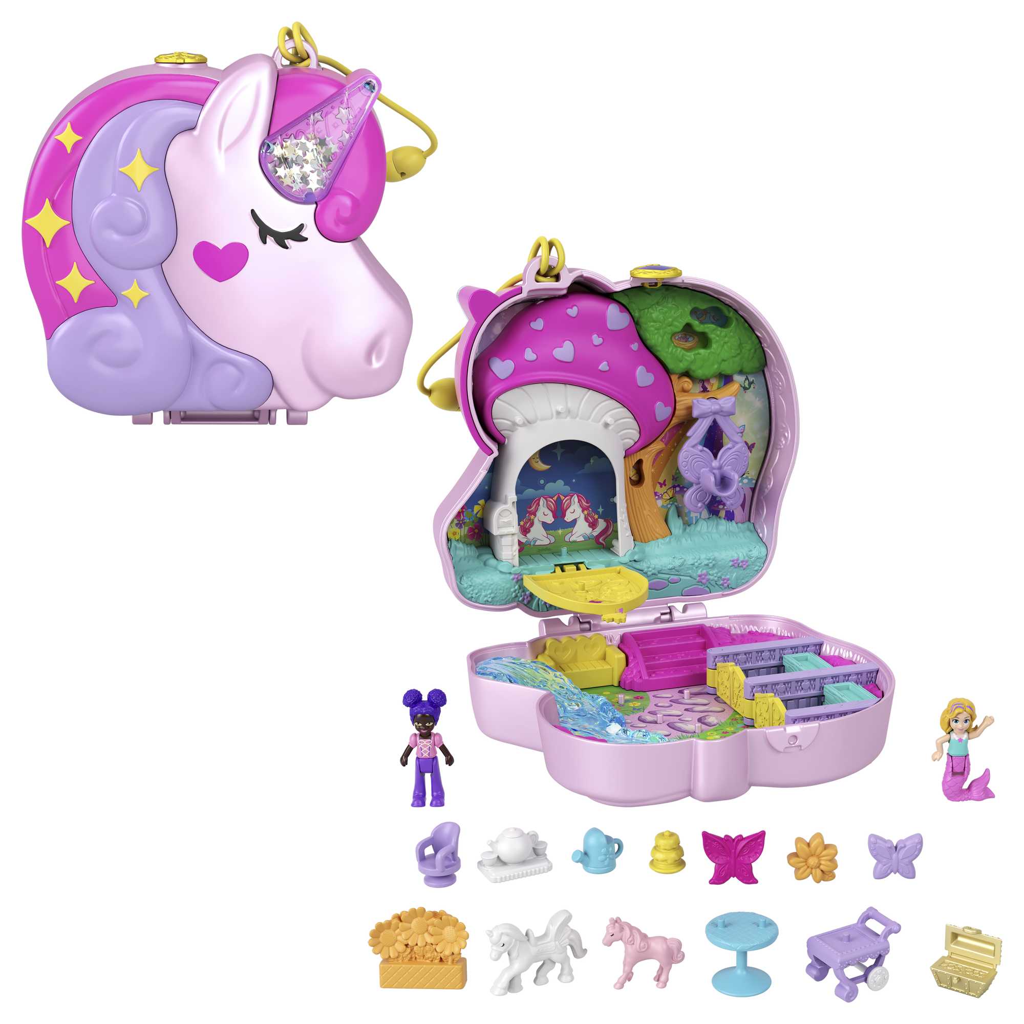 Polly Pocket Unicorn Forest Compact Playset With 2 Micro Dolls & 13 Accessories
