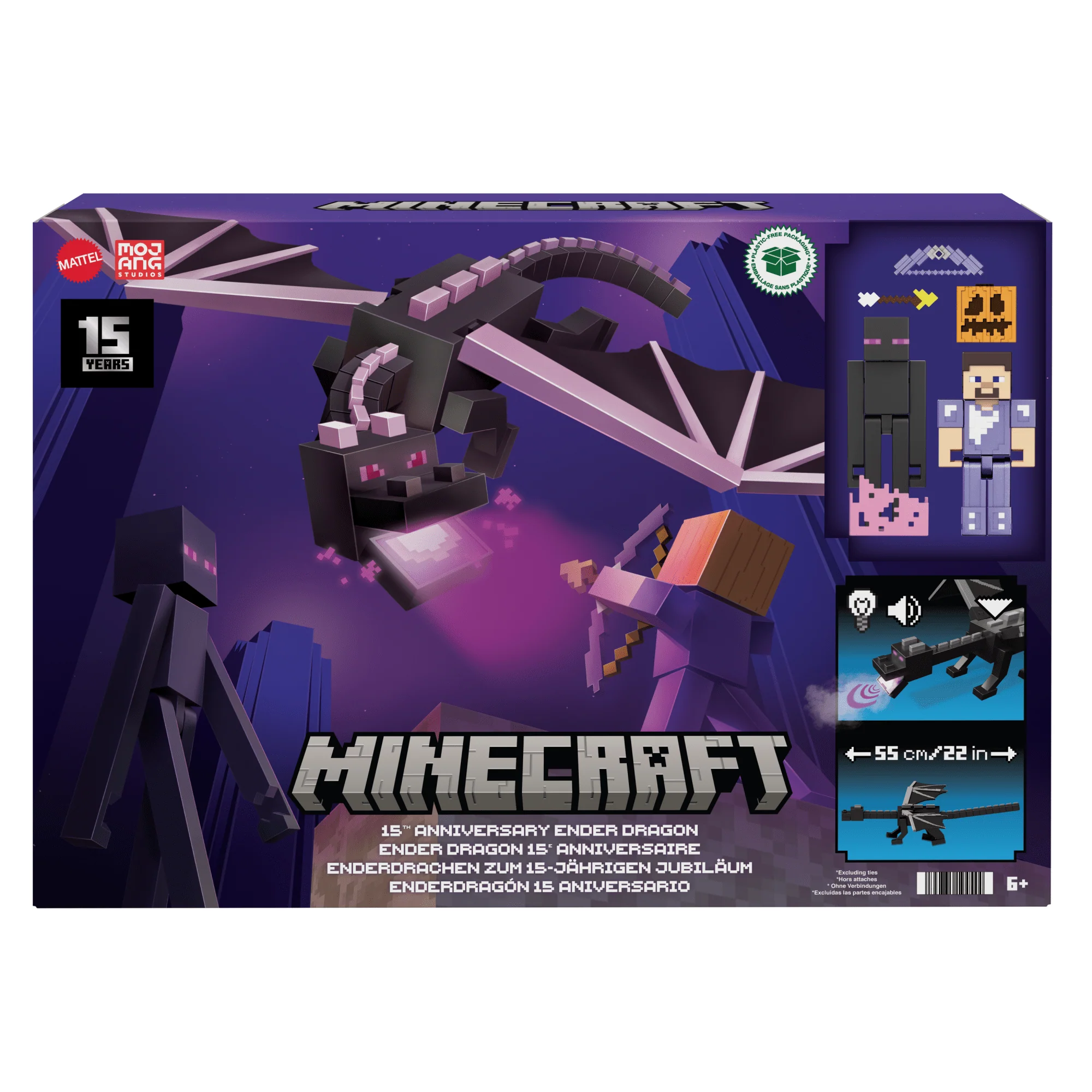 Minecraft Ender Dragon Action Figures Set, Lights, Sounds & Mist, Steve & Enderman 3.25-in Scale Figures