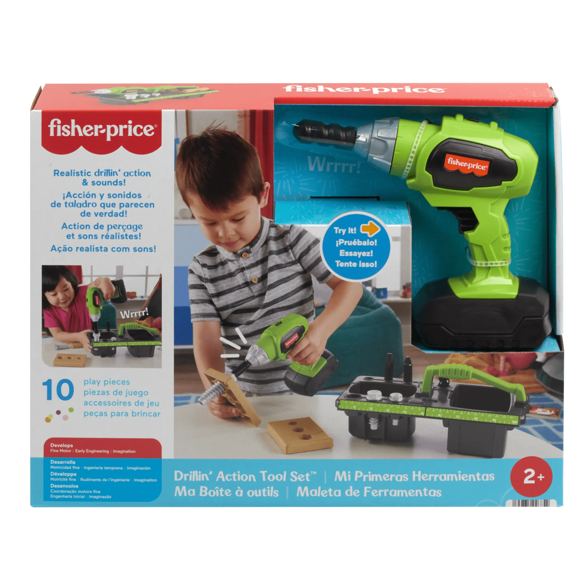 Fisher-Price Drillin�� Action Tool Set Pretend Construction Toys With Sounds, 10-Piece Preschool Toy