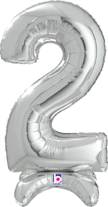 Betallic Number Stand Up 2 Silver 25 inch Air Filled Shaped Foil Balloon packed w/straw 1ct
