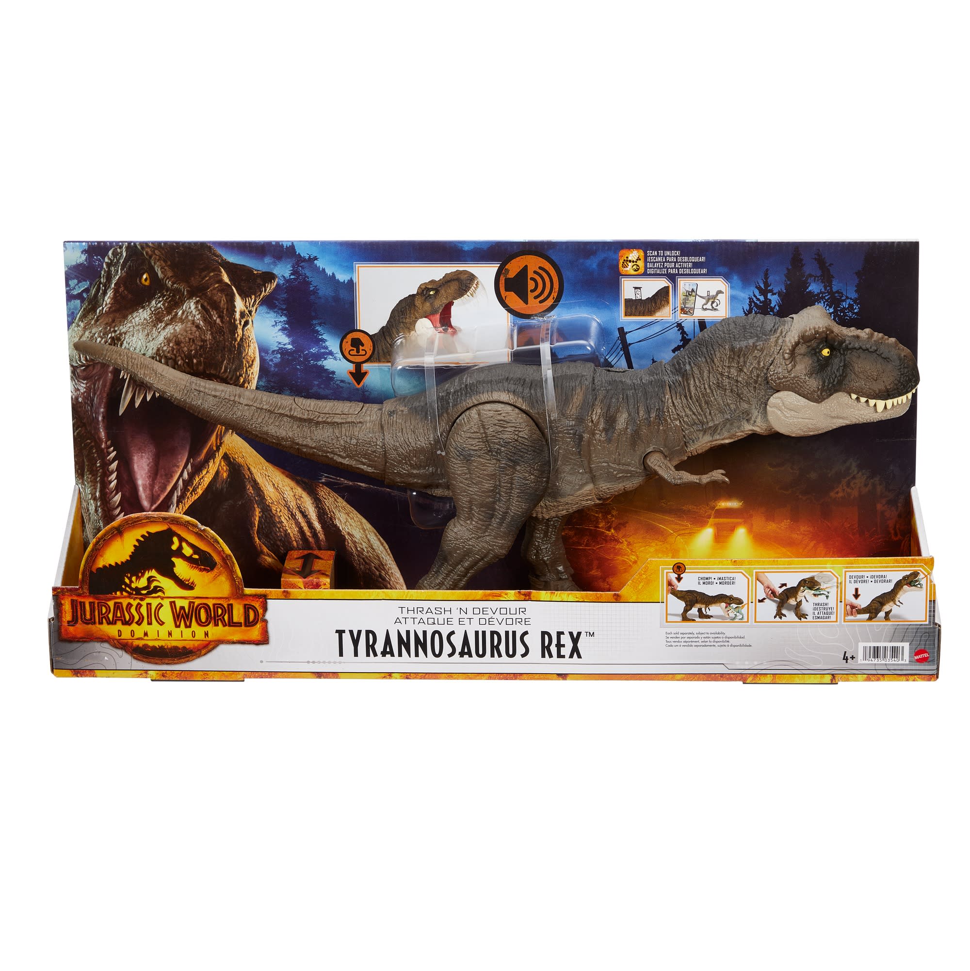 Jurassic World Dominion Tyrannosaurus Rex Dinosaur Toy, Thrash N Devour Sound, Chomp Action