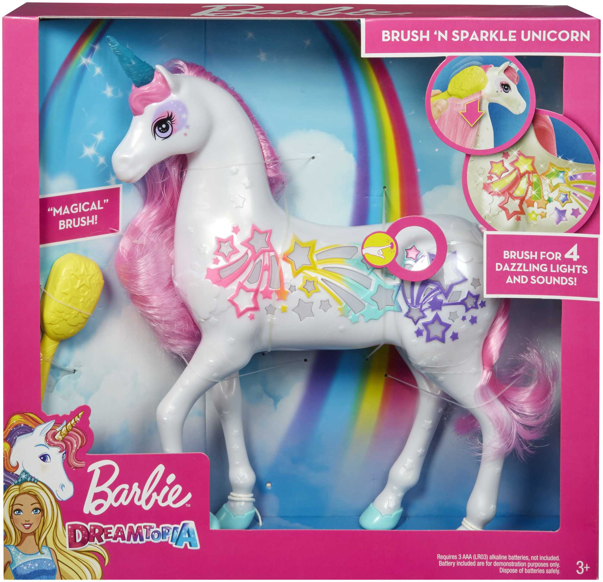 Barbie Dreamtopia Brush ��n Sparkle Unicorn With Lights And Sounds, White With Pink Mane And Tail