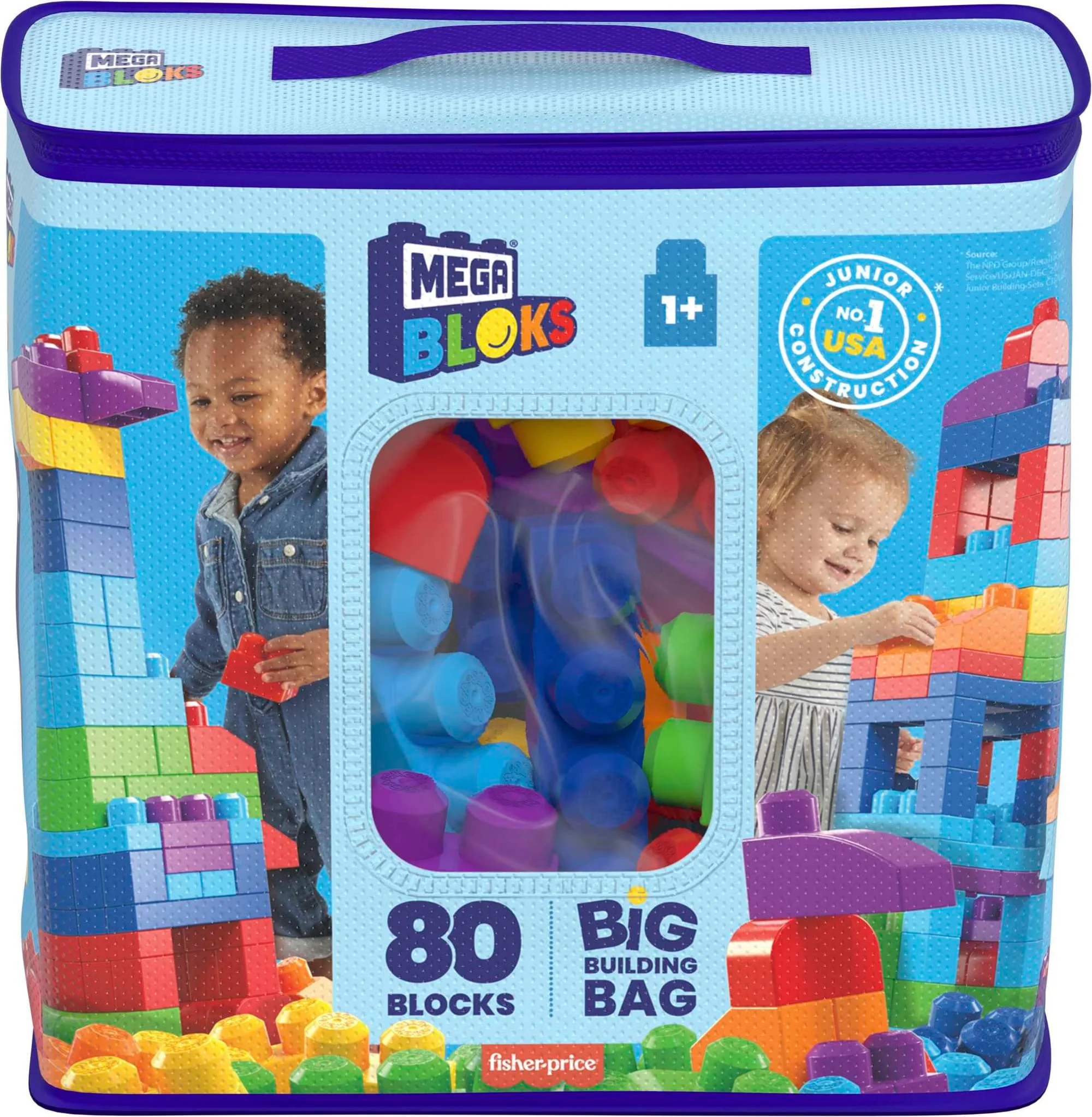 MEGA BLOKS 80-Piece Big Building Bag Blocks For Toddlers 1-3, Blue