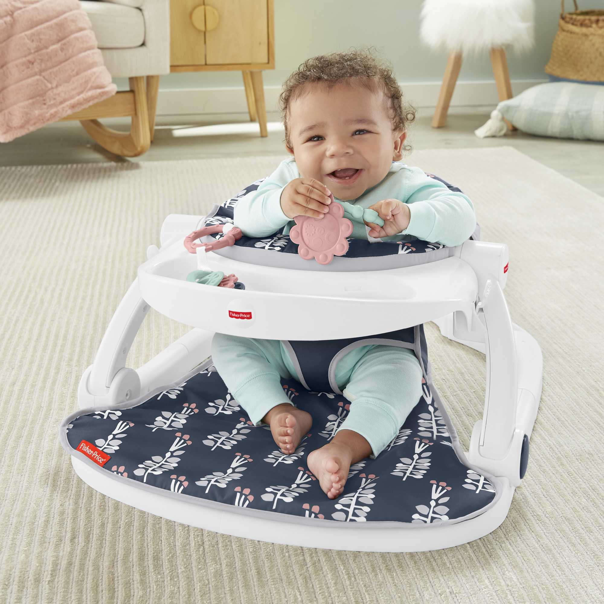 Fisher-Price Sit-Me-Up Floor Seat Portable Baby Chair With Tray & Toys, Navy Garden