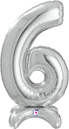 Betallic Number Stand Up 6 Silver 25 inch Air Filled Shaped Foil Balloon packed w/straw 1ct