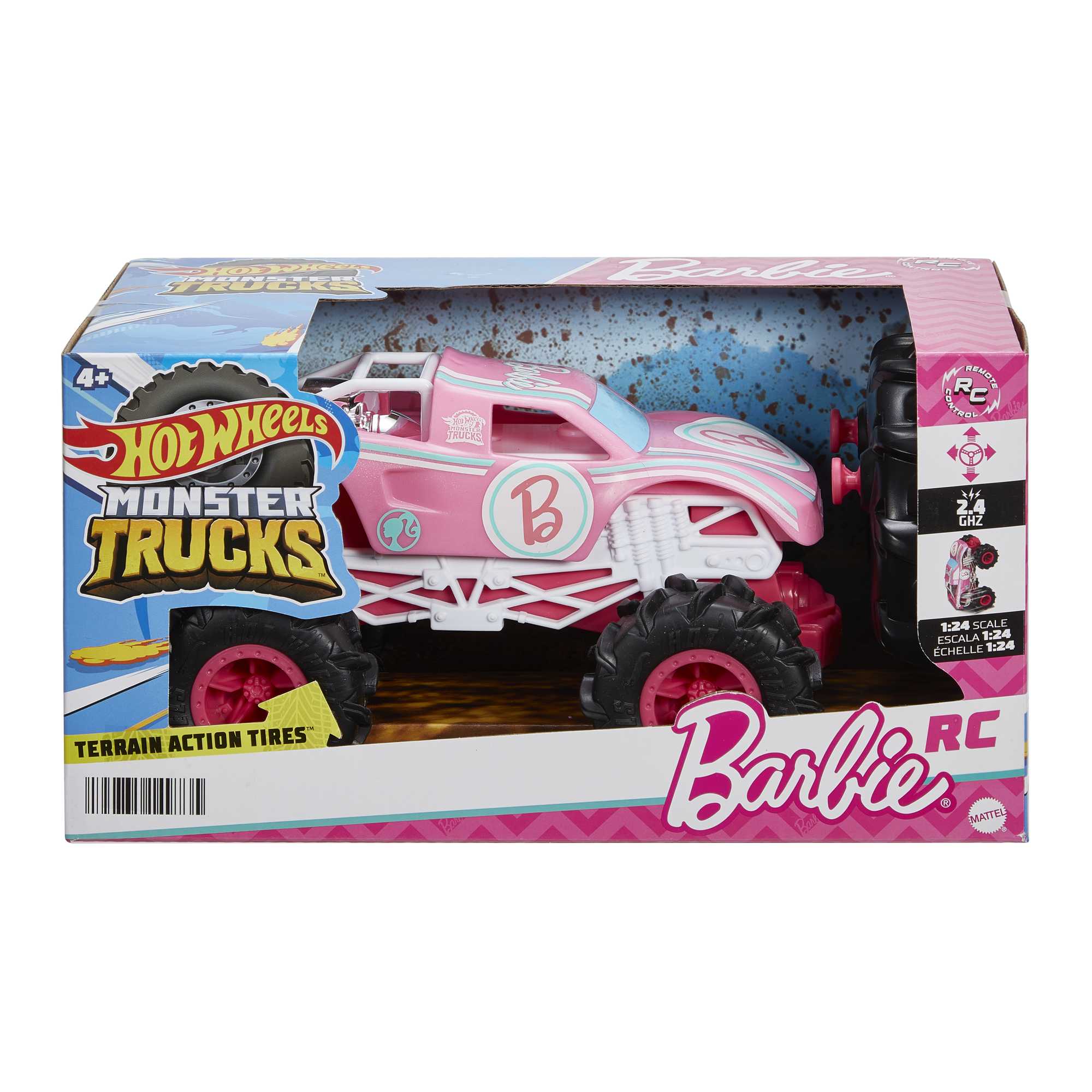Hot Wheels RC Cars, Remote-Control Barbie Monster Truck in 1:24 Scale