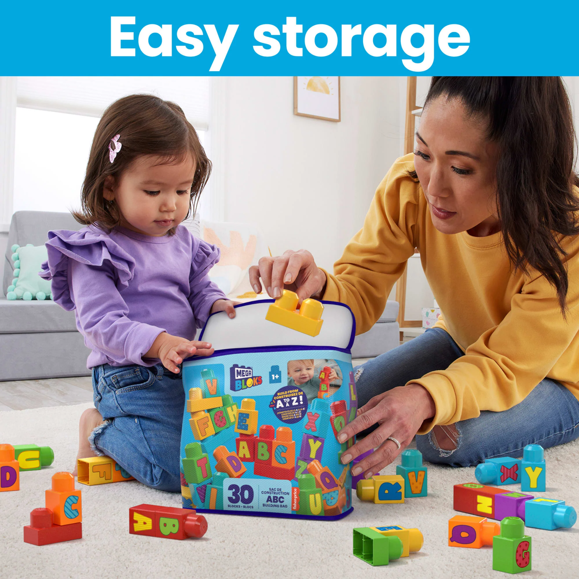 MEGA Bloks Fisher-Price ABC Building Bag Block Toy With Storage (30 Pieces) For Toddler