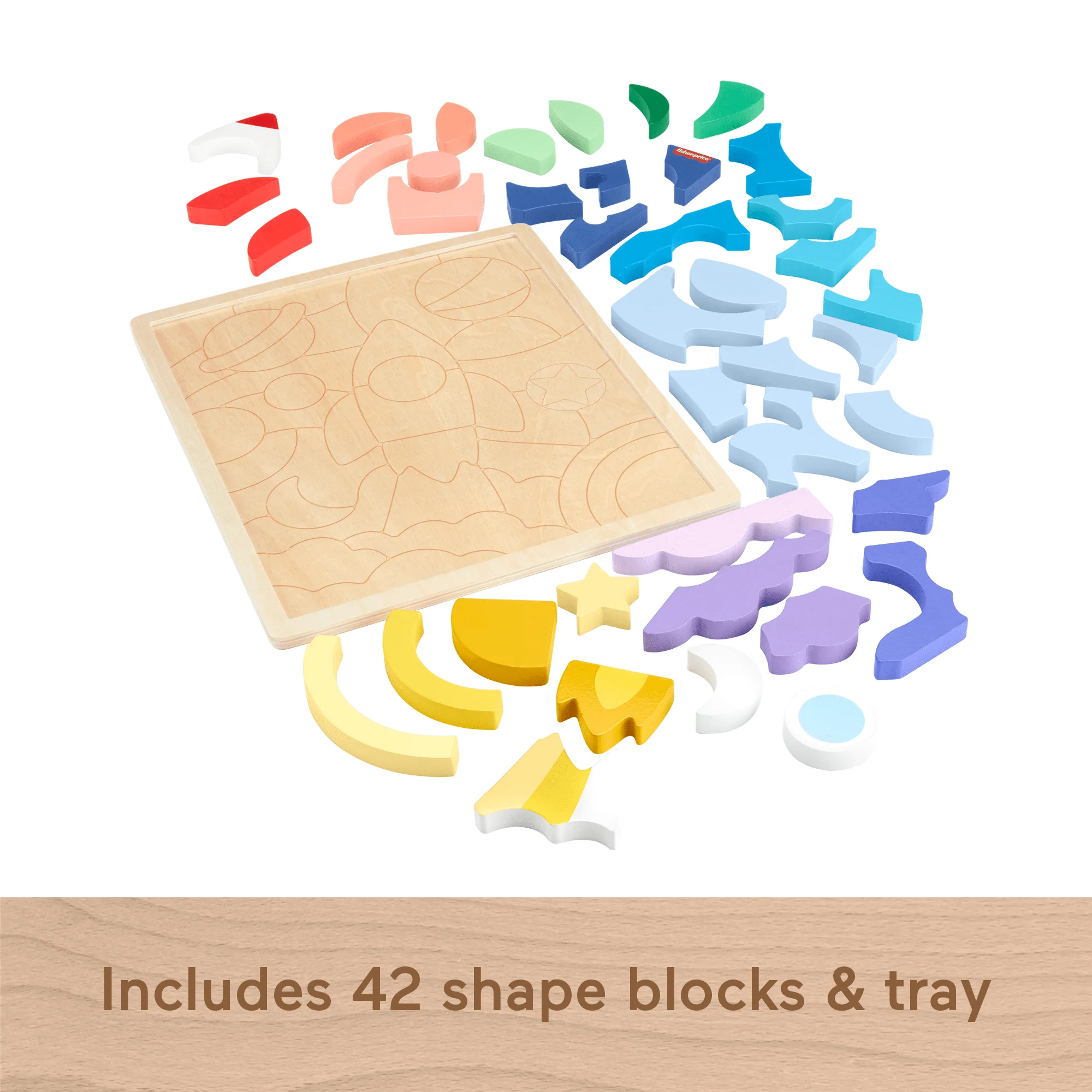 Fisher-Price Wooden Space Blocks Puzzle For Preschool Kids, 42 Wood Pieces