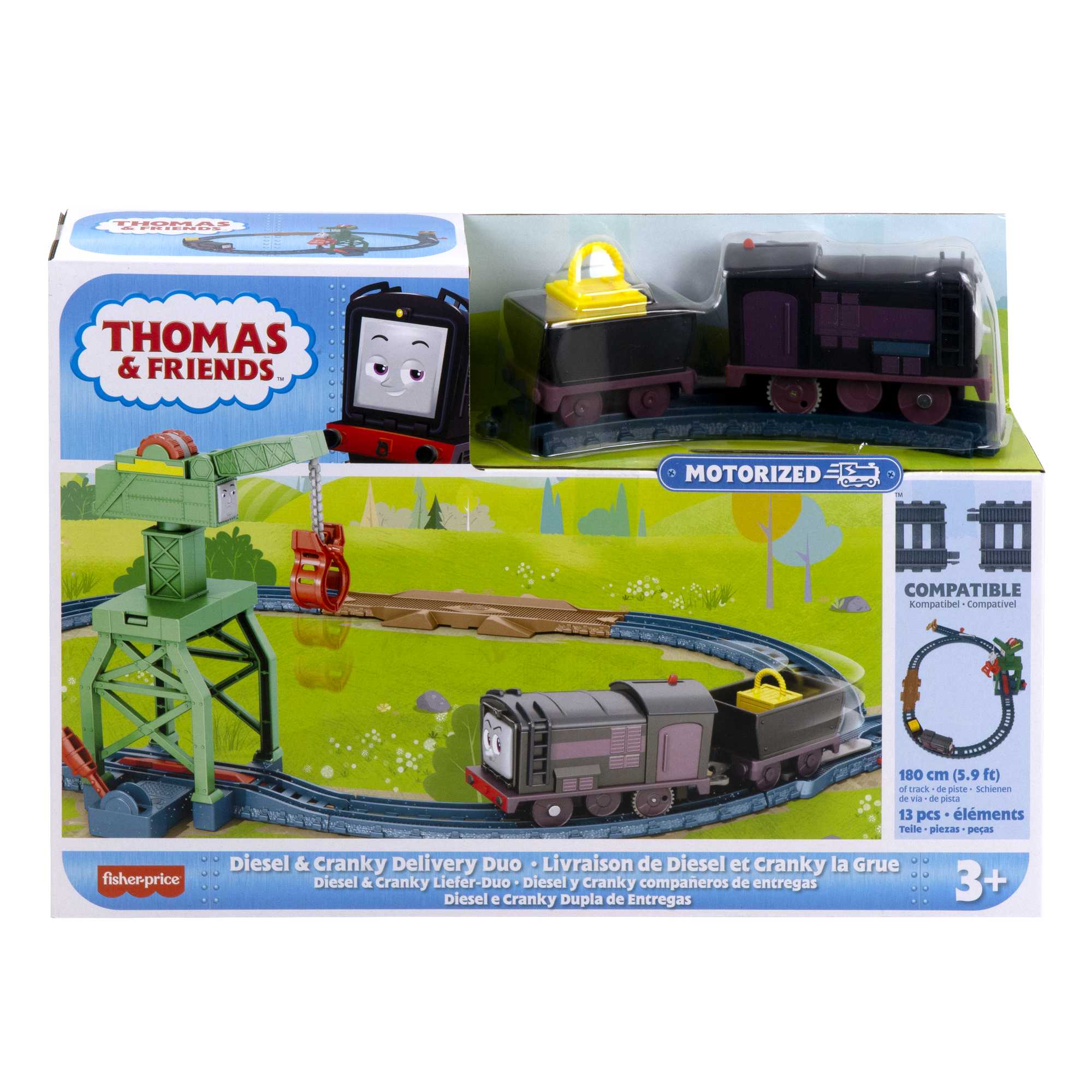 Thomas And Friends Diesel & Cranky Train Set, Track Set With Motorized Engine & Crane, Delivery Duo
