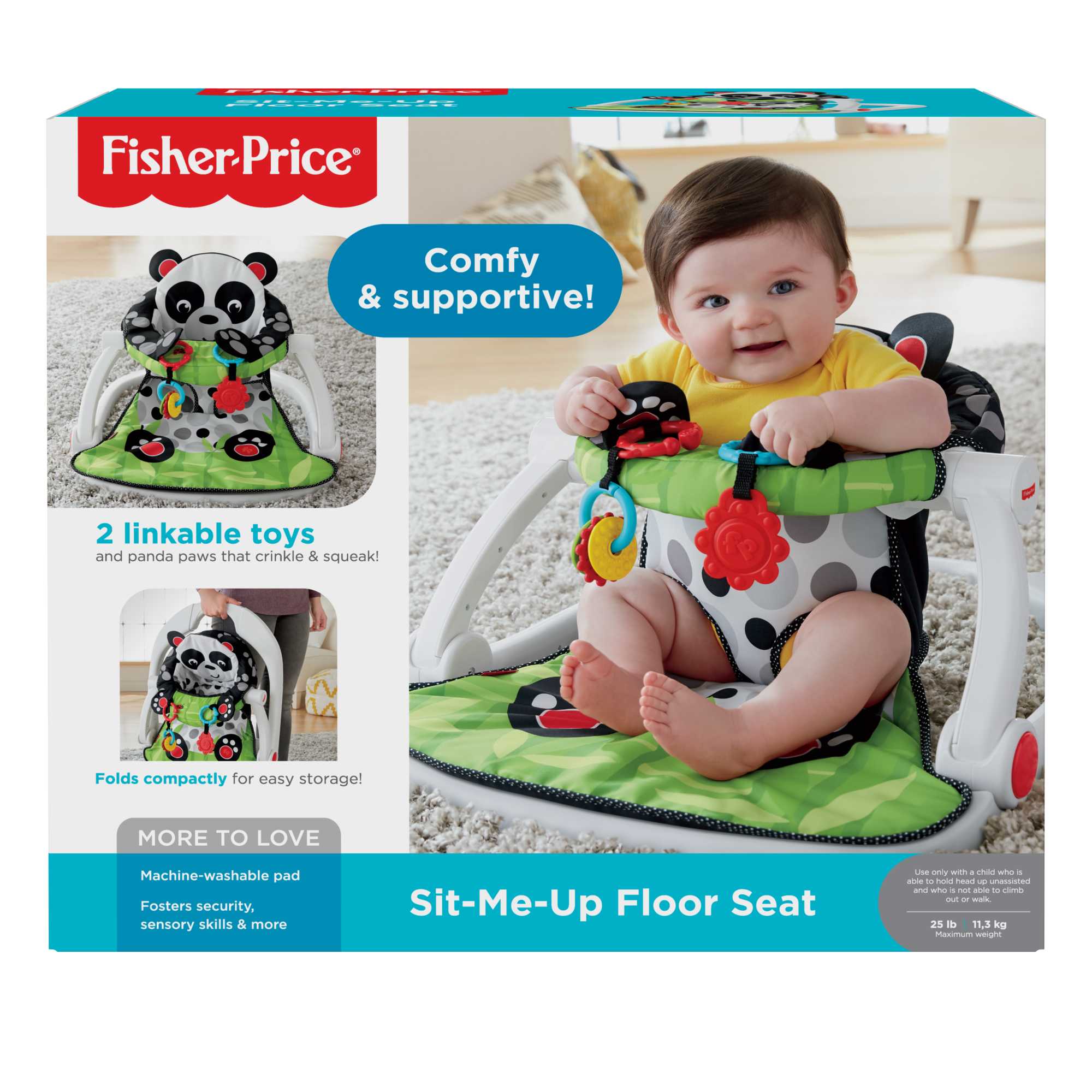 Fisher-Price Sit-Me-Up Floor Seat Portable Baby Chair With Toys Crinkle & Squeaker, Panda Paws