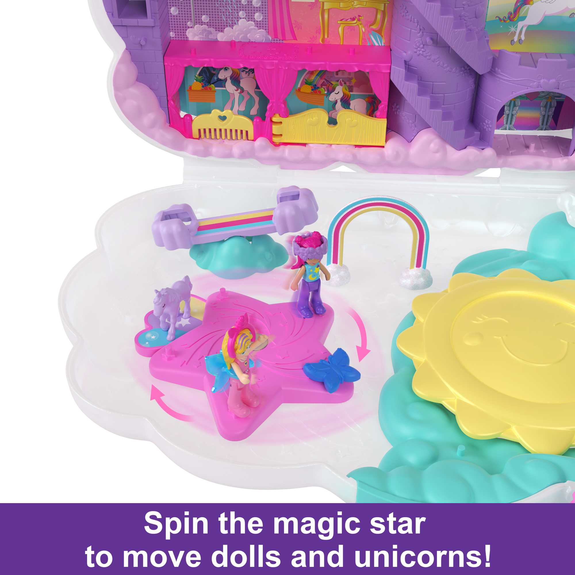 Polly Pocket Mini Toys, Rainbow Unicorn Salon Playset With 2 Dolls And 20+ Accessories