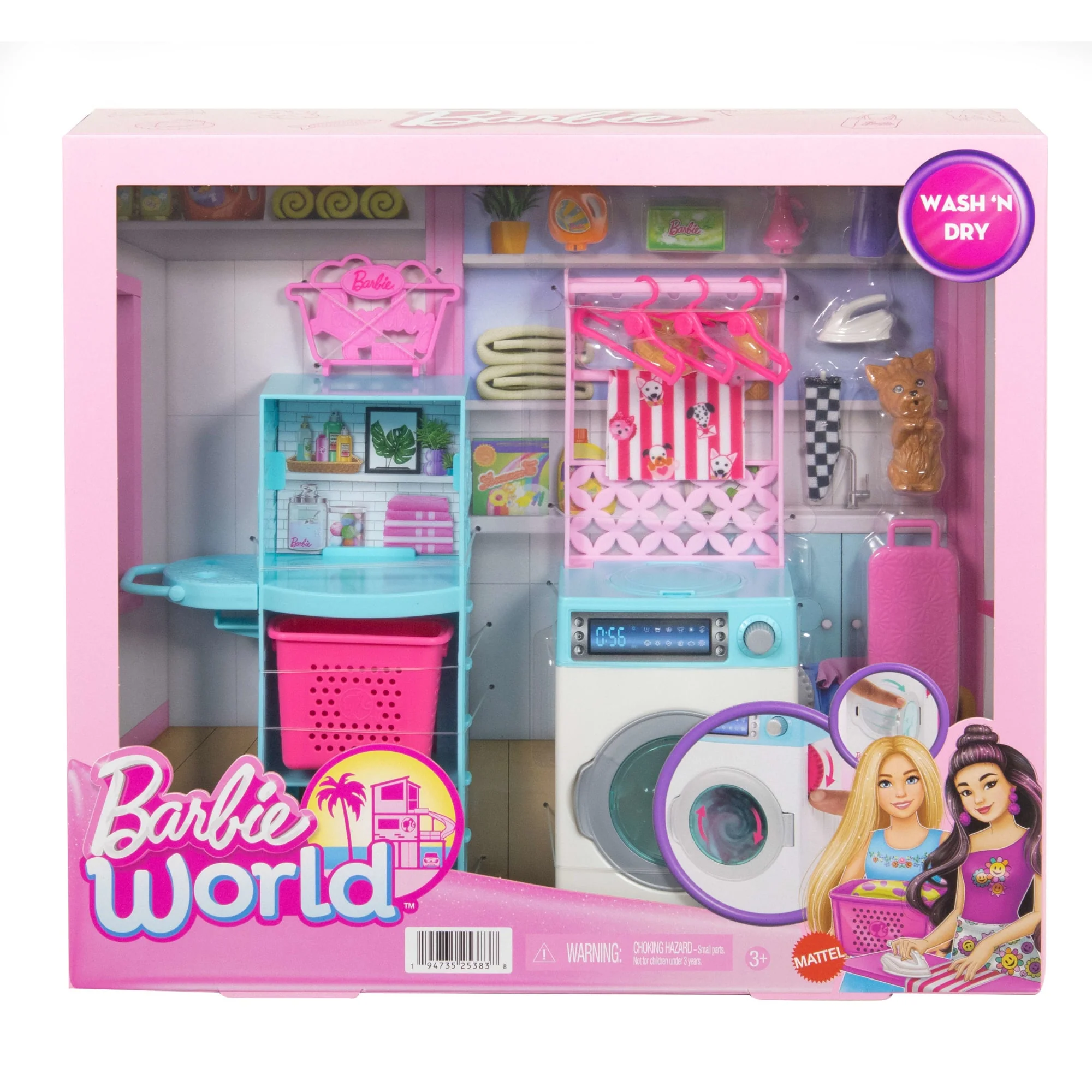 Barbie World Spinning Washer & Dryer Toy Playset With Laundry Accessories Like Hangers, Basket, & More