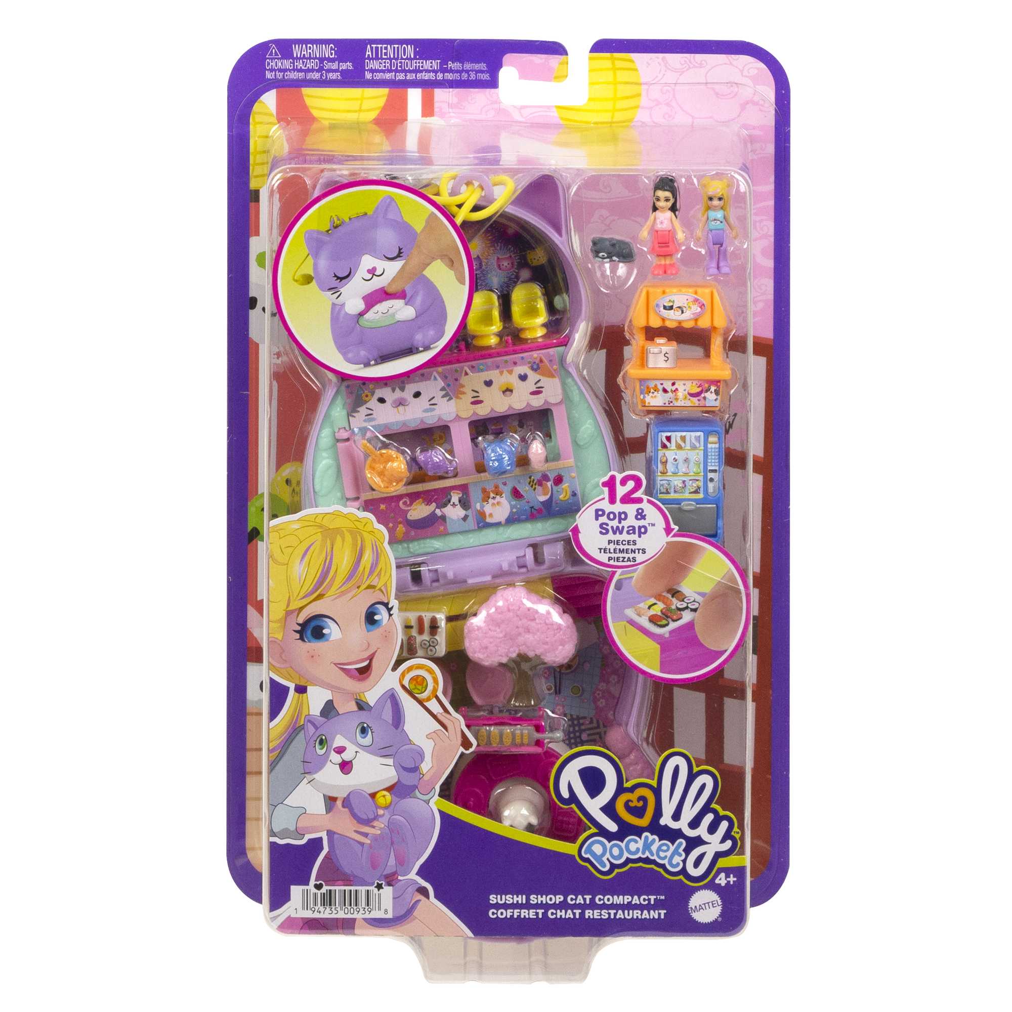 Polly Pocket Sushi Shop Cat Compact Playset With 2 Dolls & 12 Accessories