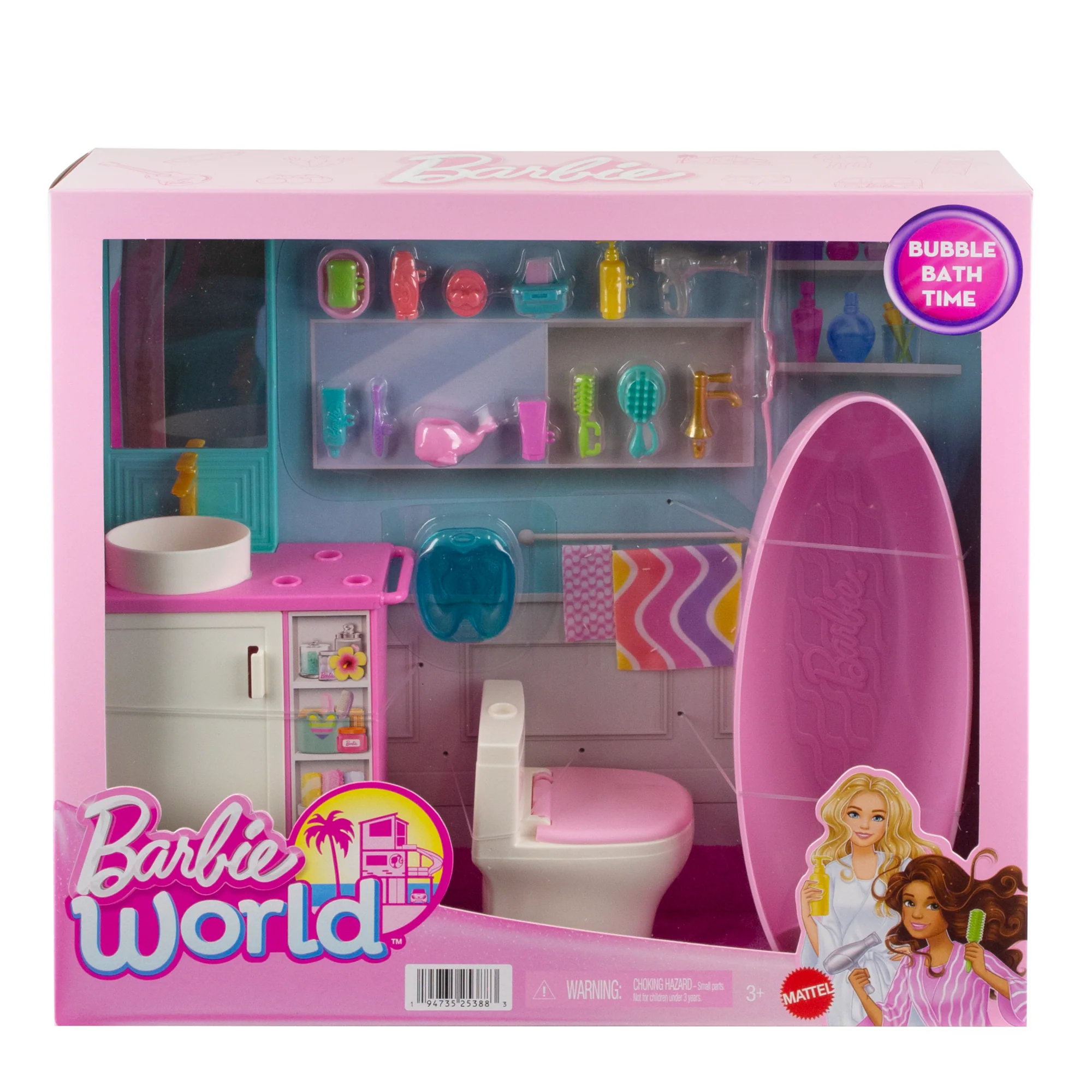 Barbie World Bathtime Toy Playset With 19 Dollhouse Accessories including Bathtub, Toilet, & Vanity