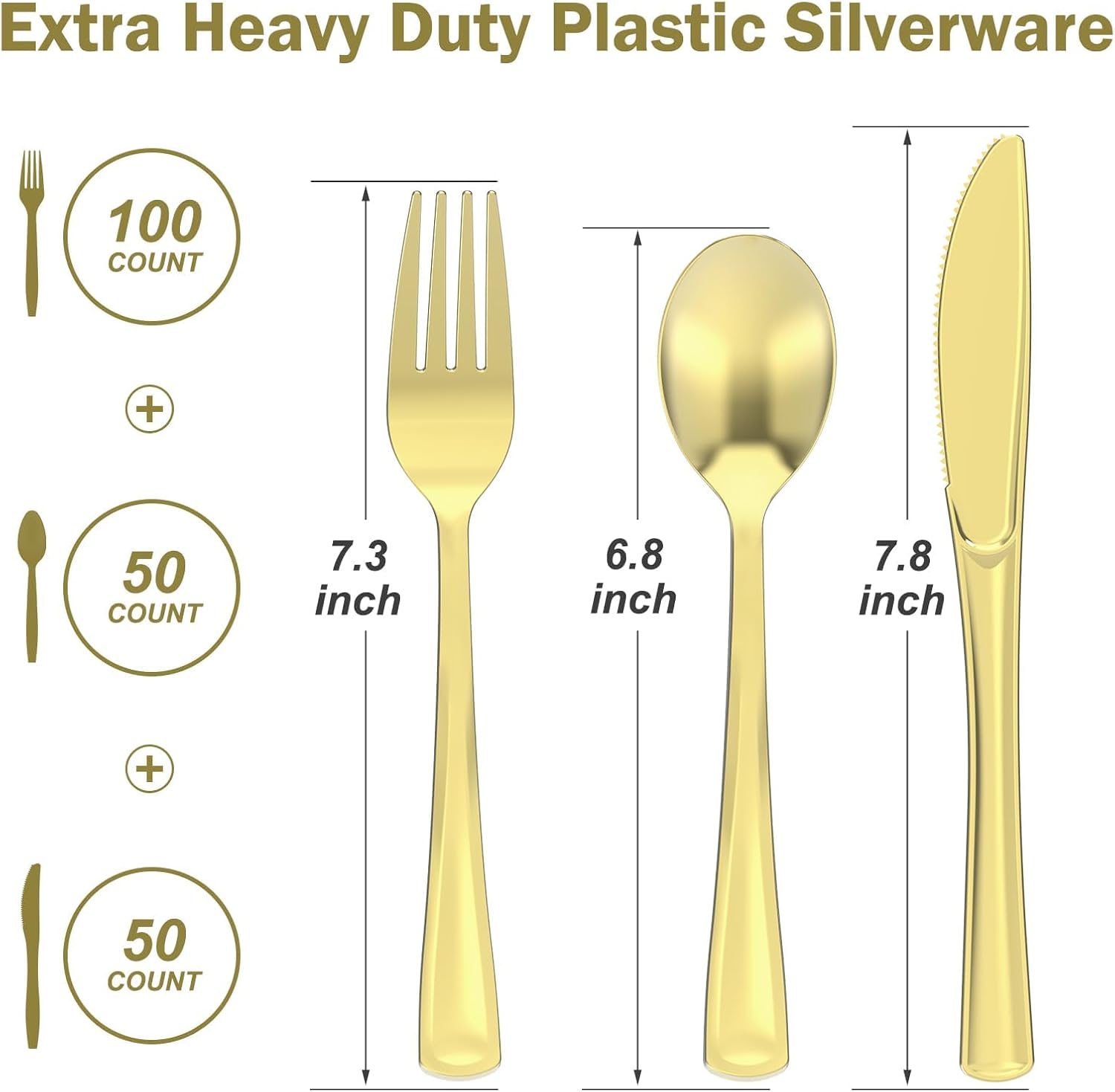 200 Count Heavy Duty Gold Plastic Silverware, 100 Forks, 50 Spoons, 50 Knives, BPA-Free, Heat Resistant, Disposable Gold Plastic Utensils Set, Gold Plastic Cutlery Set, Plasticware Bulk