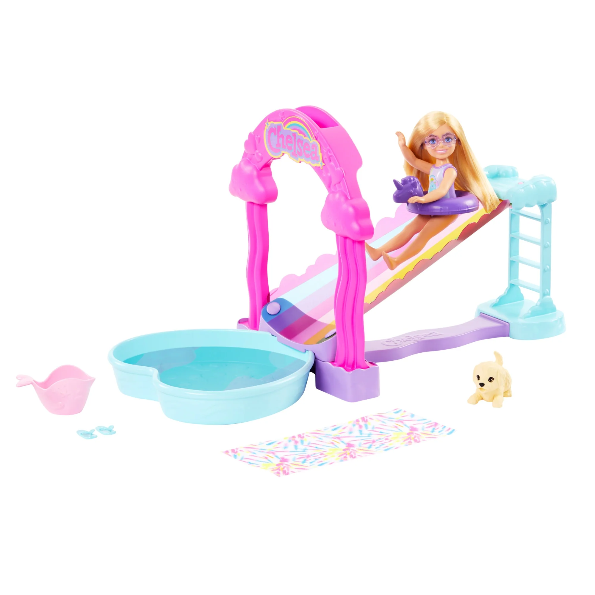 Barbie Chelsea Rainbow ��Raining�� Water Slide Toy Playset With Doll, Pup, & Accessories