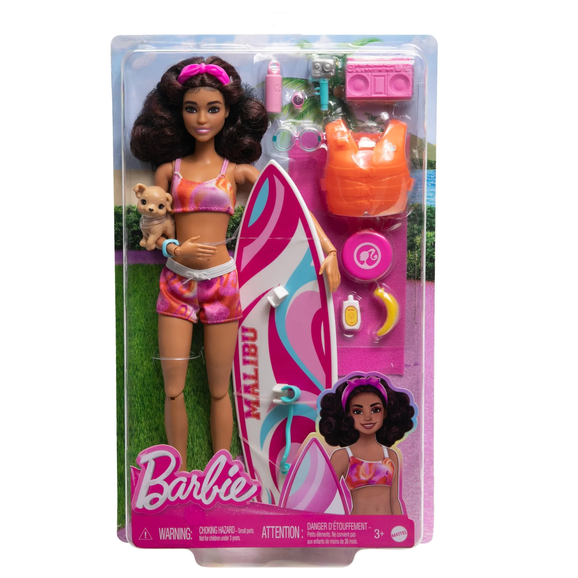 Barbie Doll With Surfboard And Puppy, Poseable Brunette Barbie Beach Doll