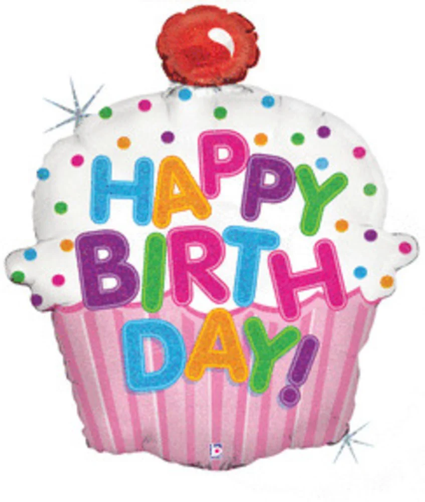 Betallic Happy Birthday Cupcake 24 inch Holographic Shaped Foil Balloon Packaged 1ct