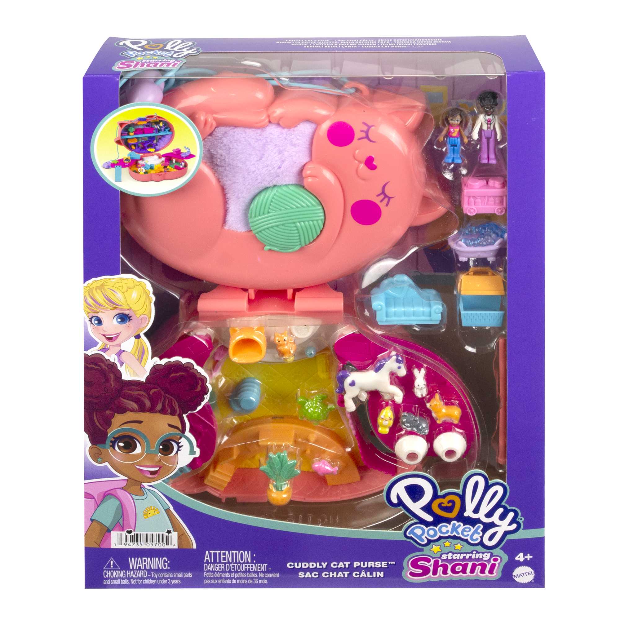 Polly Pocket Starring Shani Cuddly Cat Purse, 2 Micro Dolls, 18 Accessories, Pop & Swap Peg Feature, 4 & Up