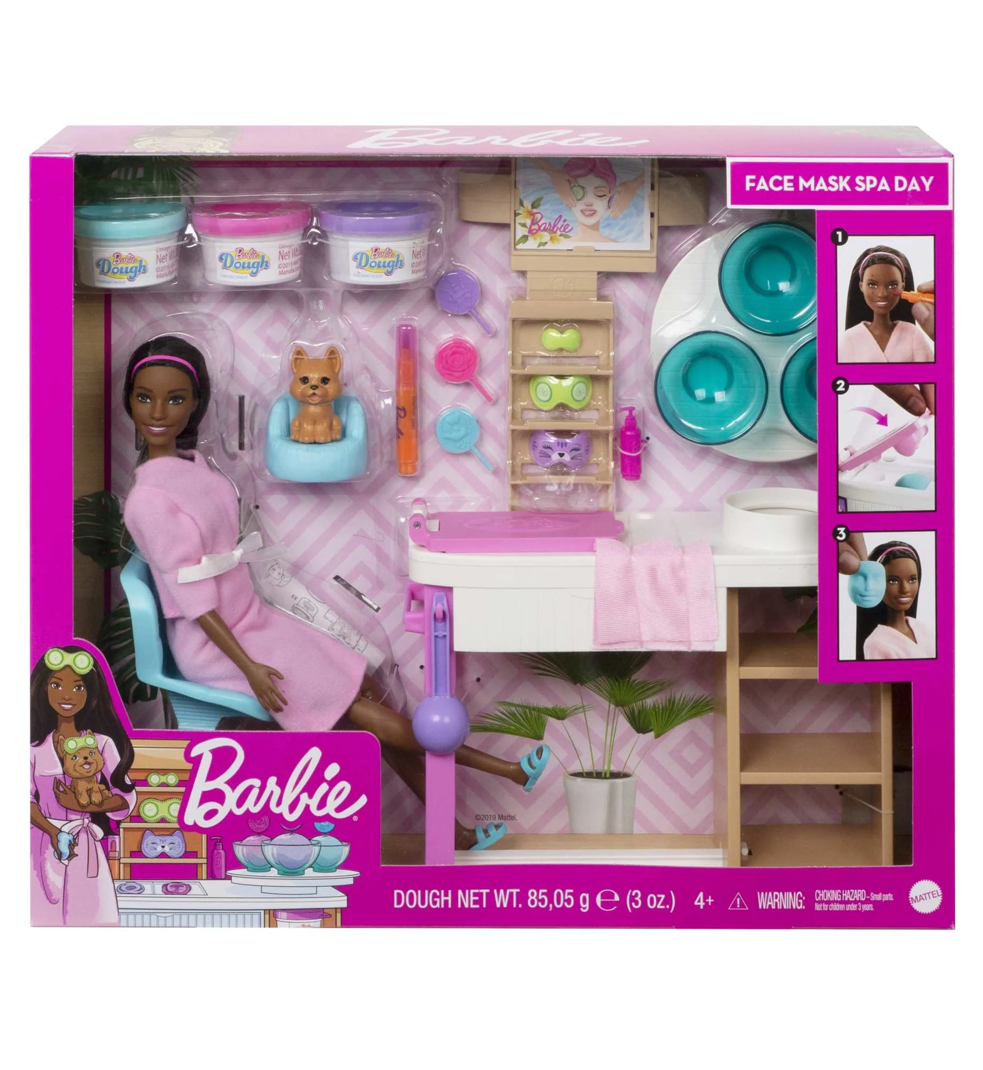 Barbie Face Mask Spa Day Playset, Brunette Barbie Doll, Puppy, Molding Toy & Dough