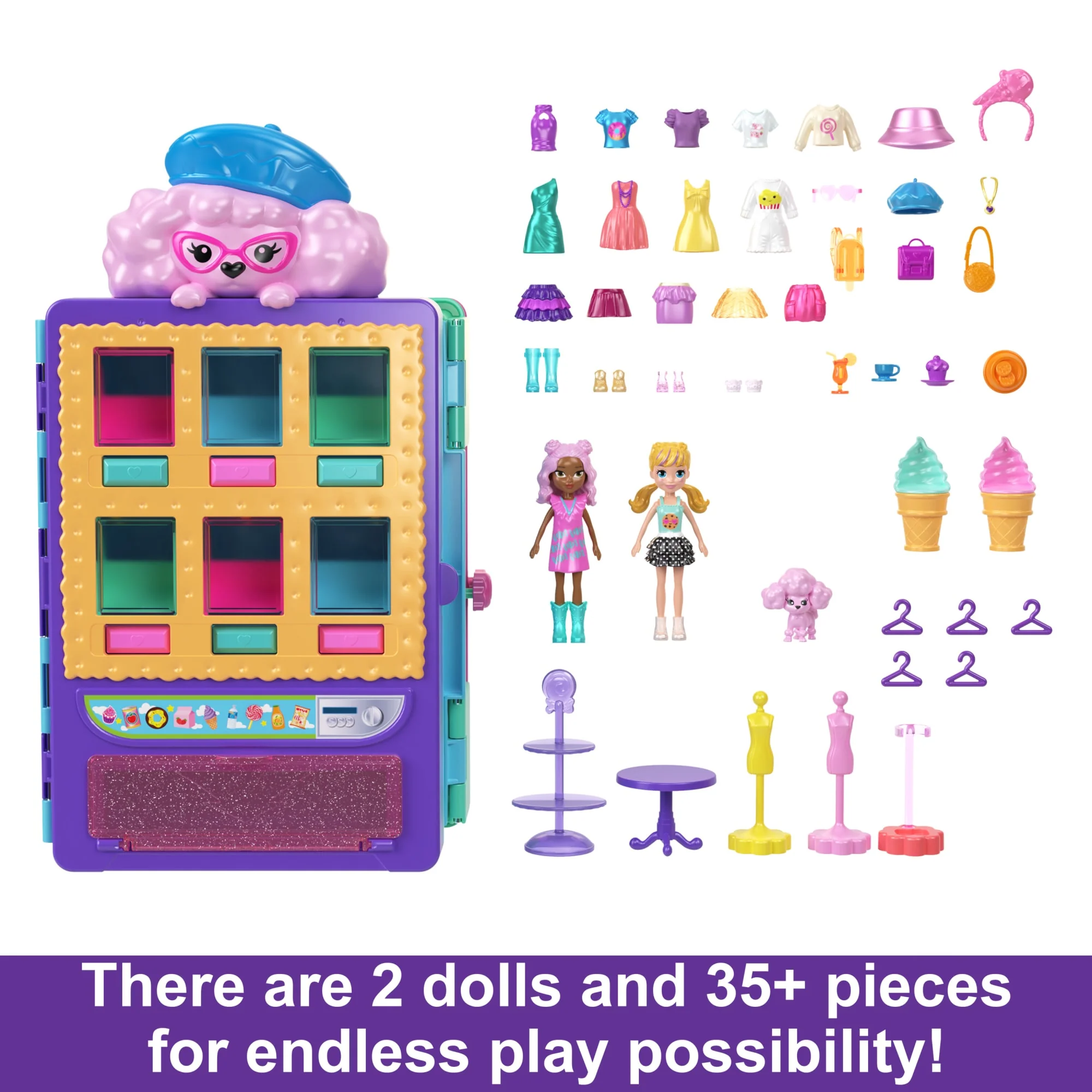 Polly Pocket Candy Style Fashion Drop Playset With 2 Dolls (3-inch), Vending Machine, 35+ Accessories