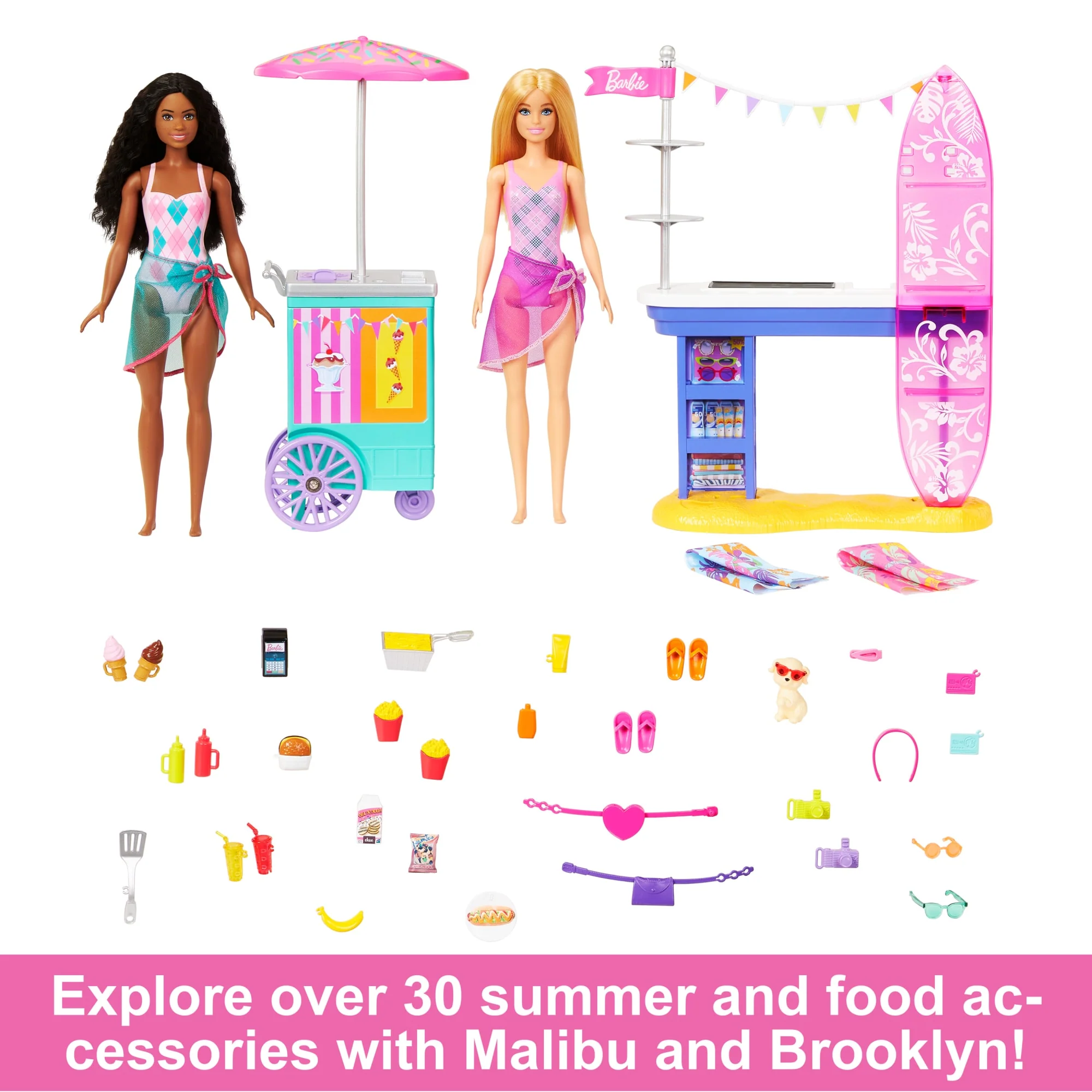 Barbie Beach Boardwalk Playset With Barbie ��Brooklyn�� & ��Malibu�� Dolls, 2 Stands & 30+ Accessories