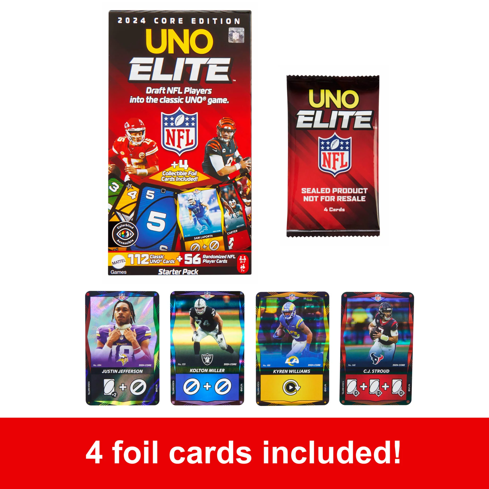 UNO Elite NFL Card Game With 4 Collectible Foil Cards For Kids, Fans, Adults & Family Night