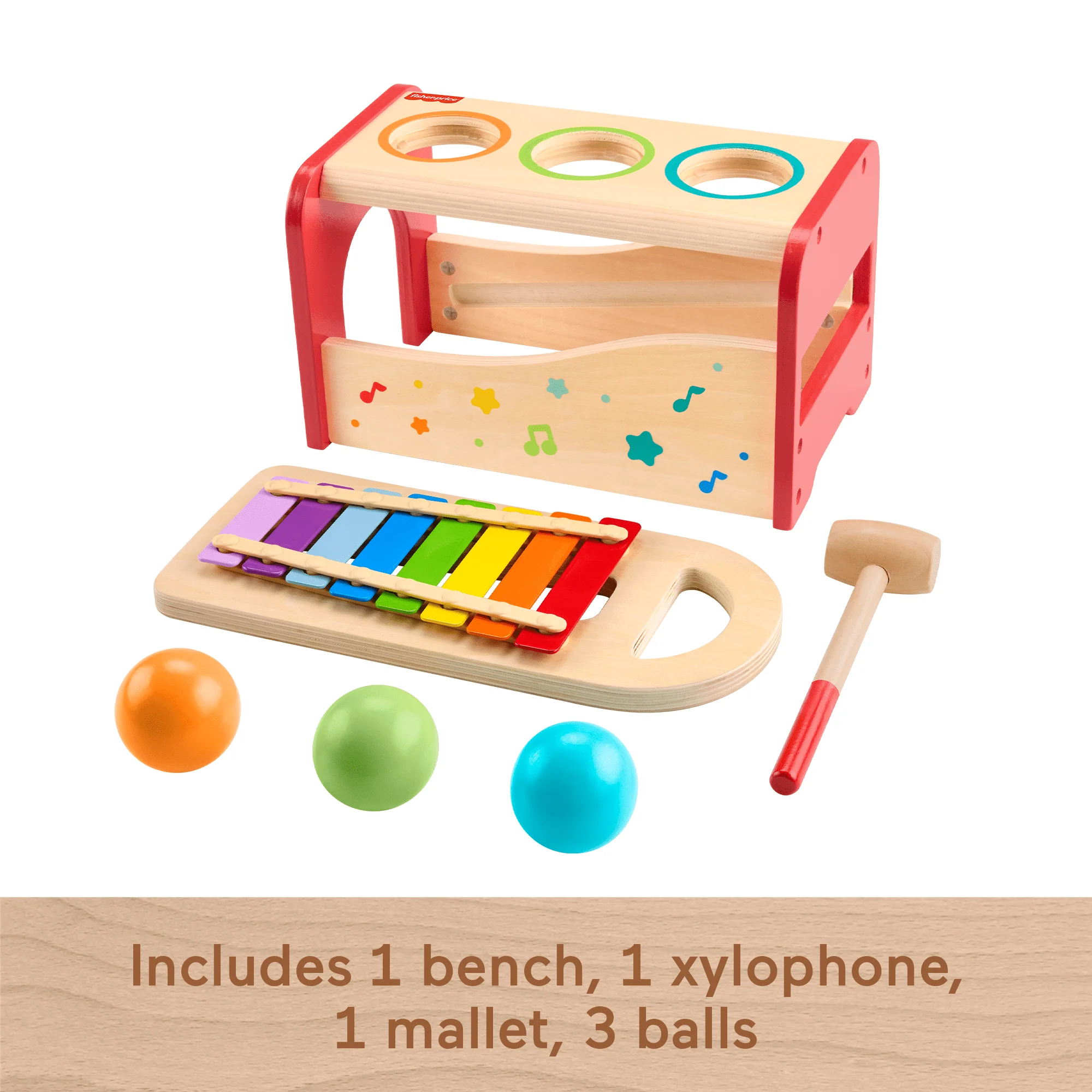 Fisher-Price Wood Toddler Toy Pound & Tap Bench Xylophone, 6-Piece Wooden Musical Activity For Preschool Kids Ages 18+ Months