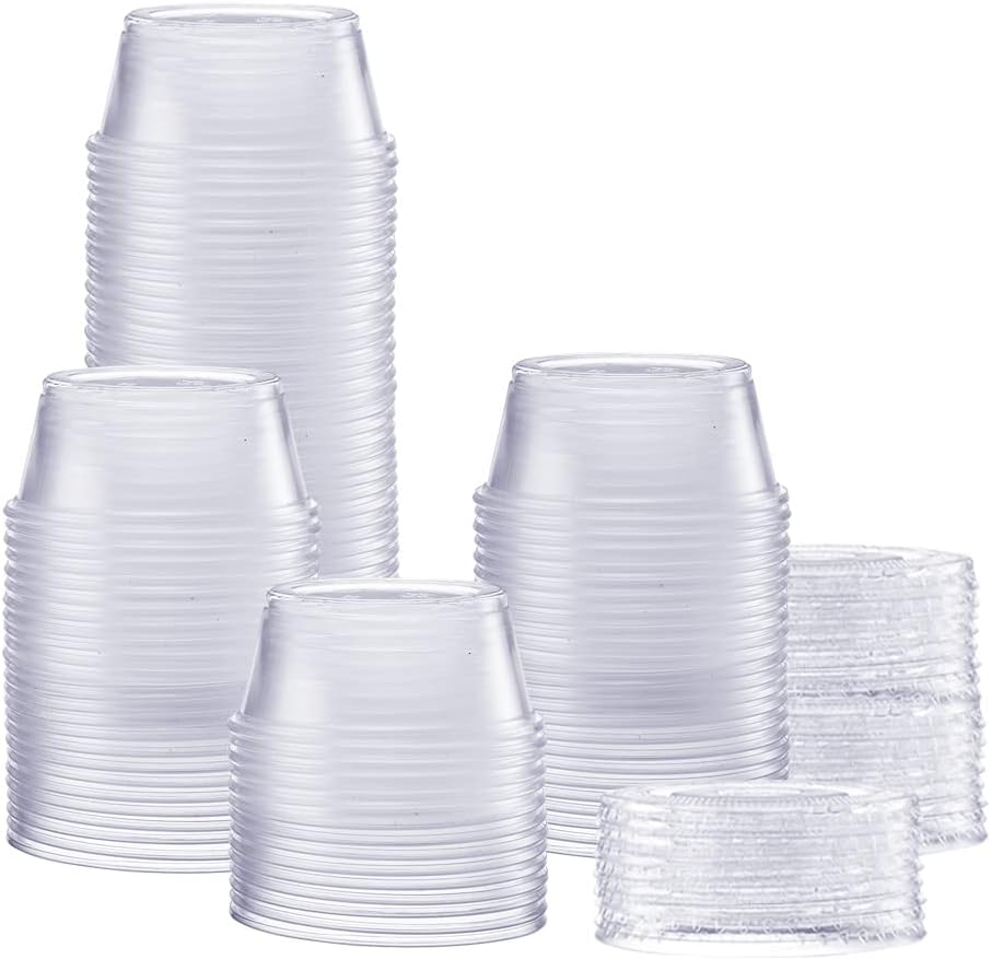 Comfy Package [2 oz. - 100 Count Clear Disposable Plastic Portion Cups with Lids - Soufflé Cups, Jello Shot Cups With Lids, Clear Plastic Containers Perfect for salad Dressing and More