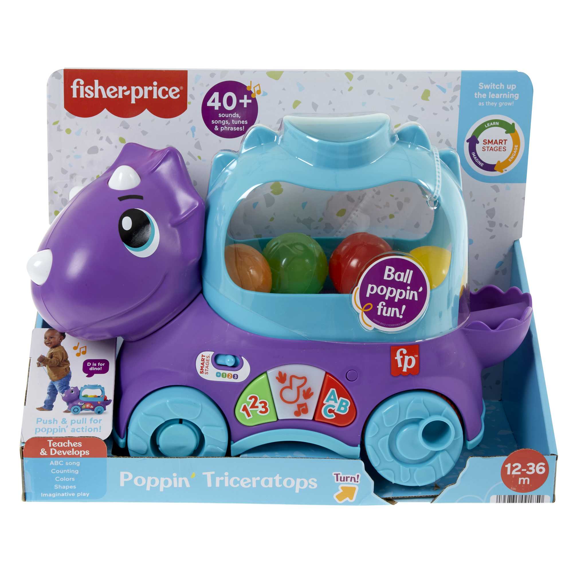 Fisher-Price Toddler Learning Toy, Dinosaur Pull Toy English & French Version, Poppin�� Triceratops
