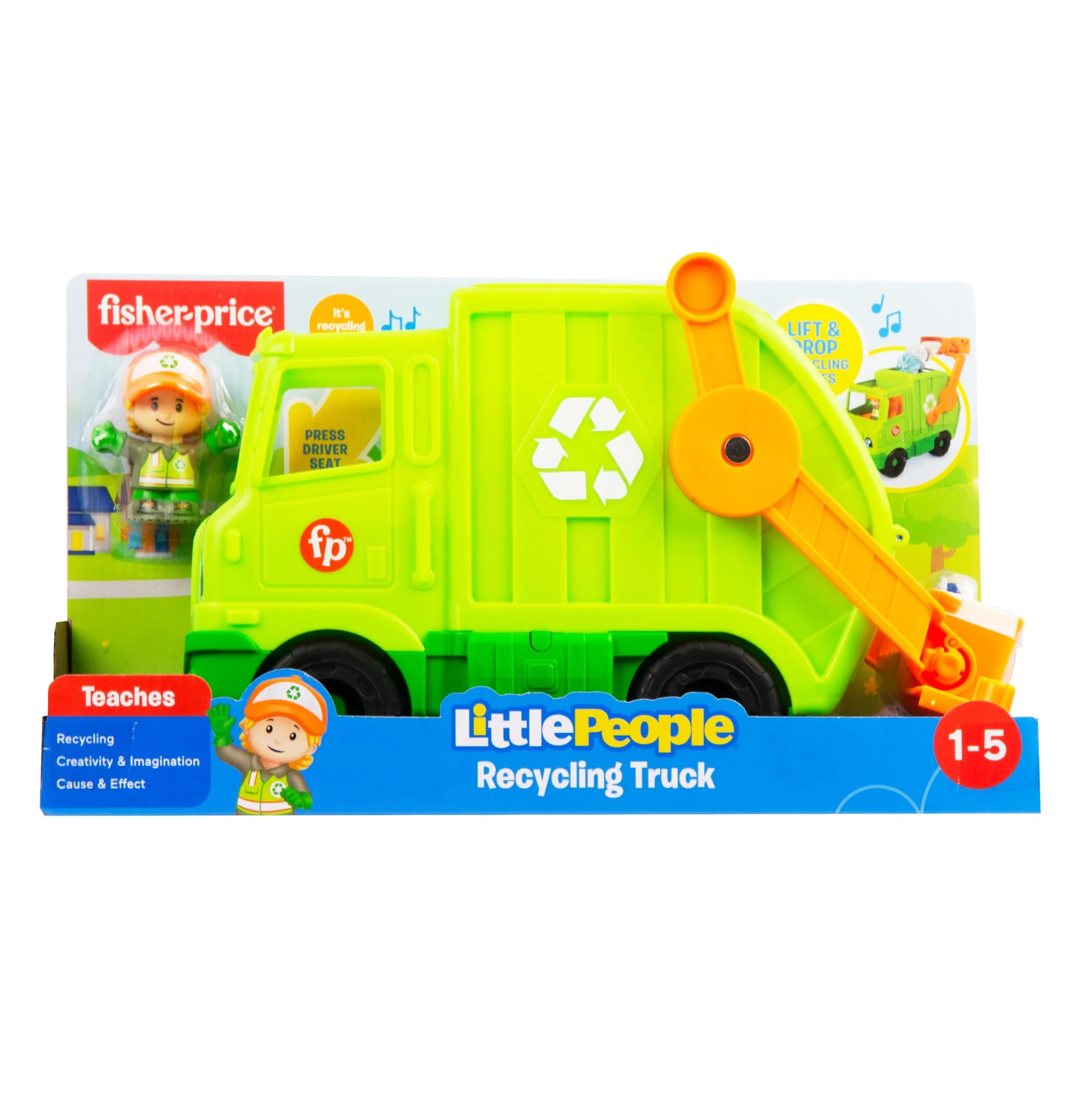 Fisher-Price Little People Recycling Truck Musical Toddler Garbage Toy Set, 5 Pieces