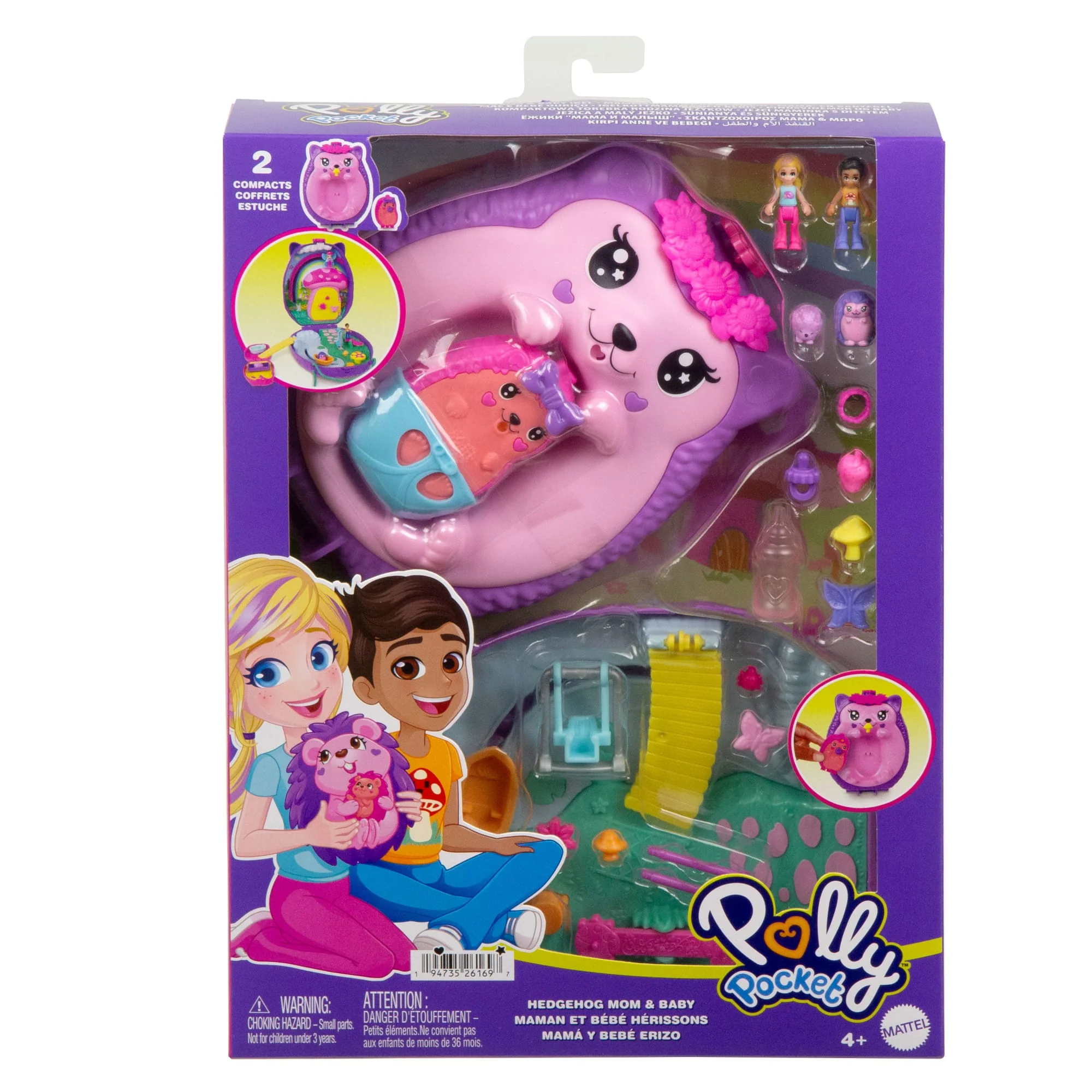 Polly Pocket Hedgehog Mom & Baby Purse Playset With 2 Dolls & 16 Accessories including Pets