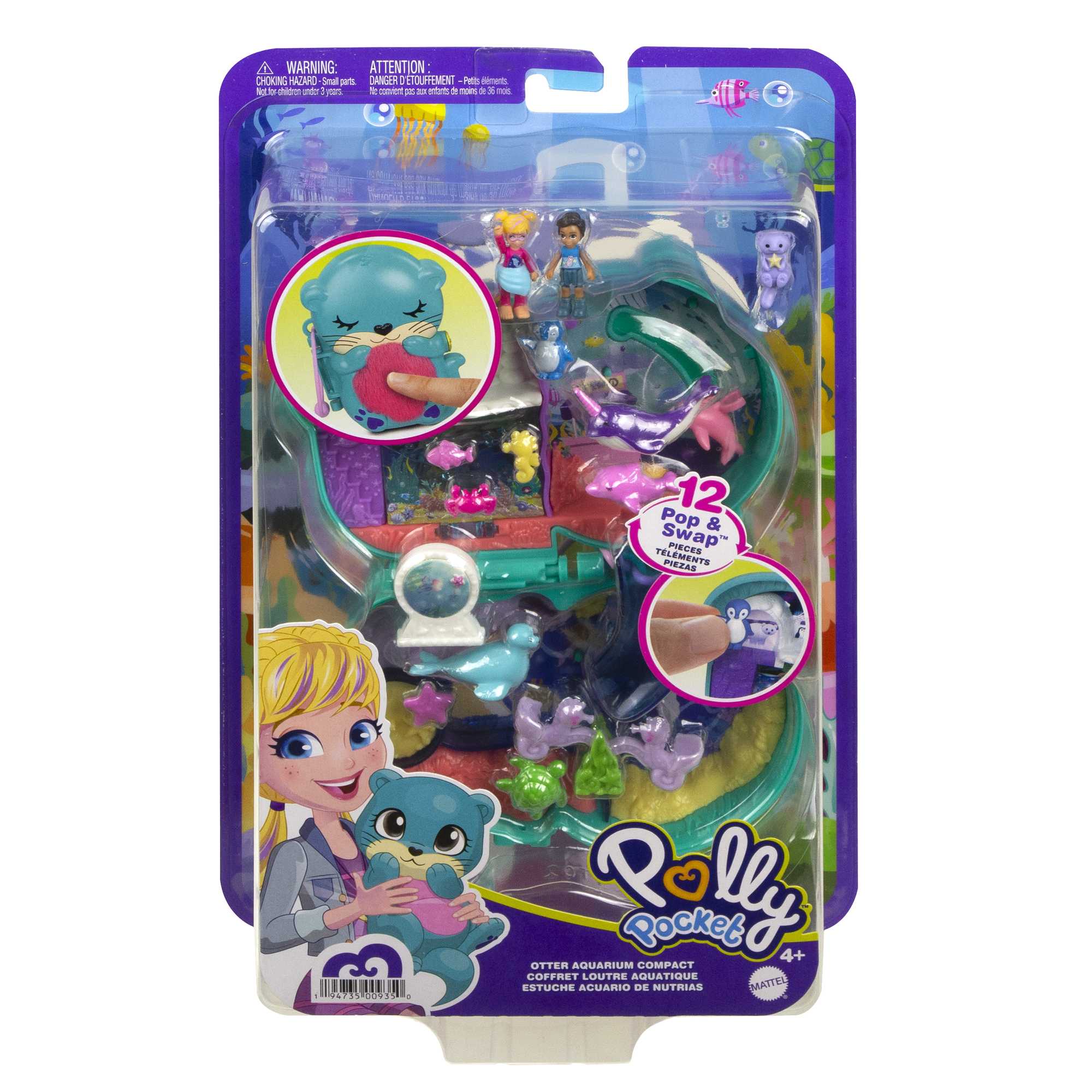 Polly Pocket Otter Aquarium Compact Playset With 2 Micro Dolls & Accessories, Travel Toys