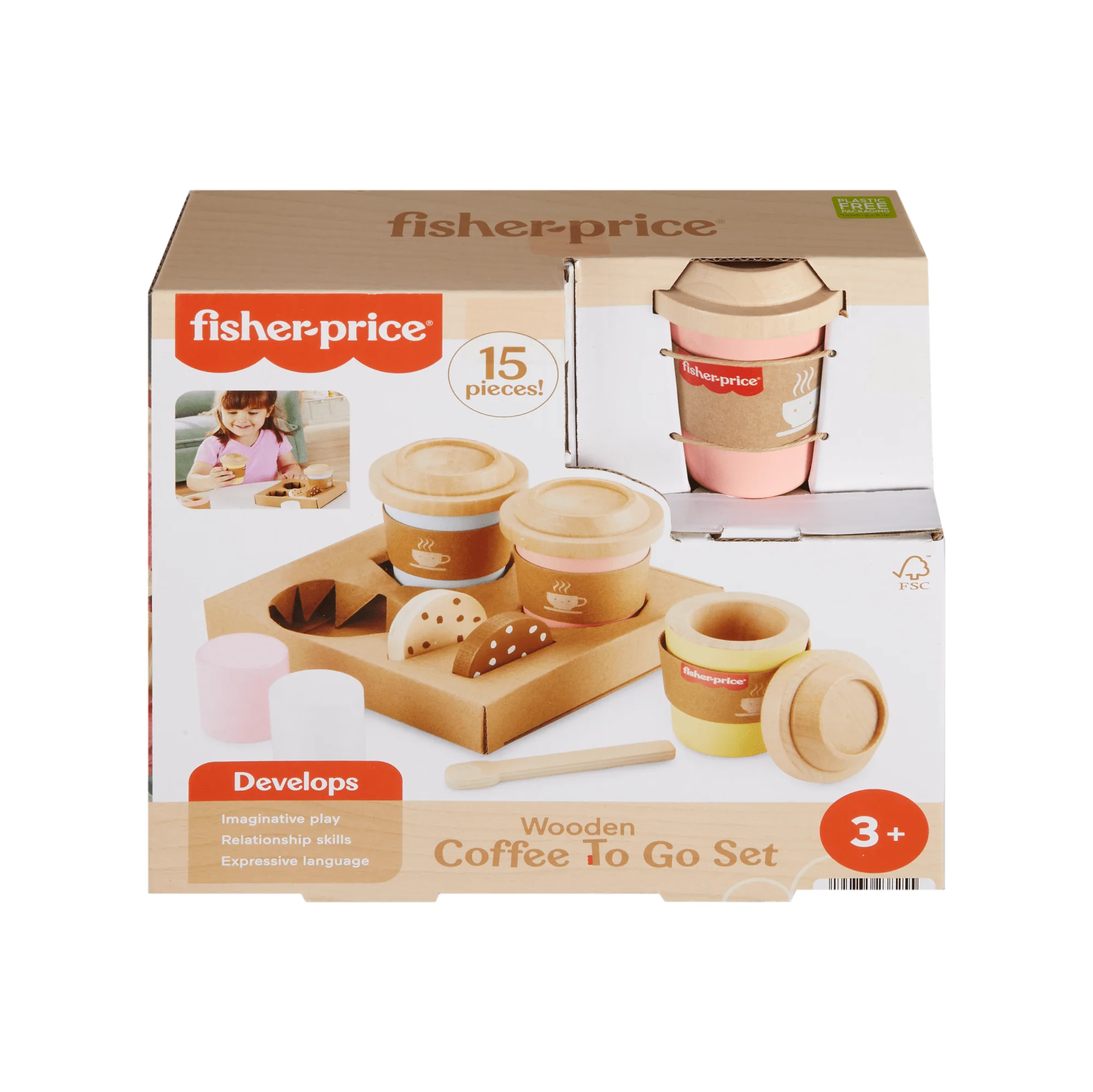 Fisher-Price Wooden Coffee To Go Set, 15-Piece Caf�� Shop Playset Preschool Role-Play