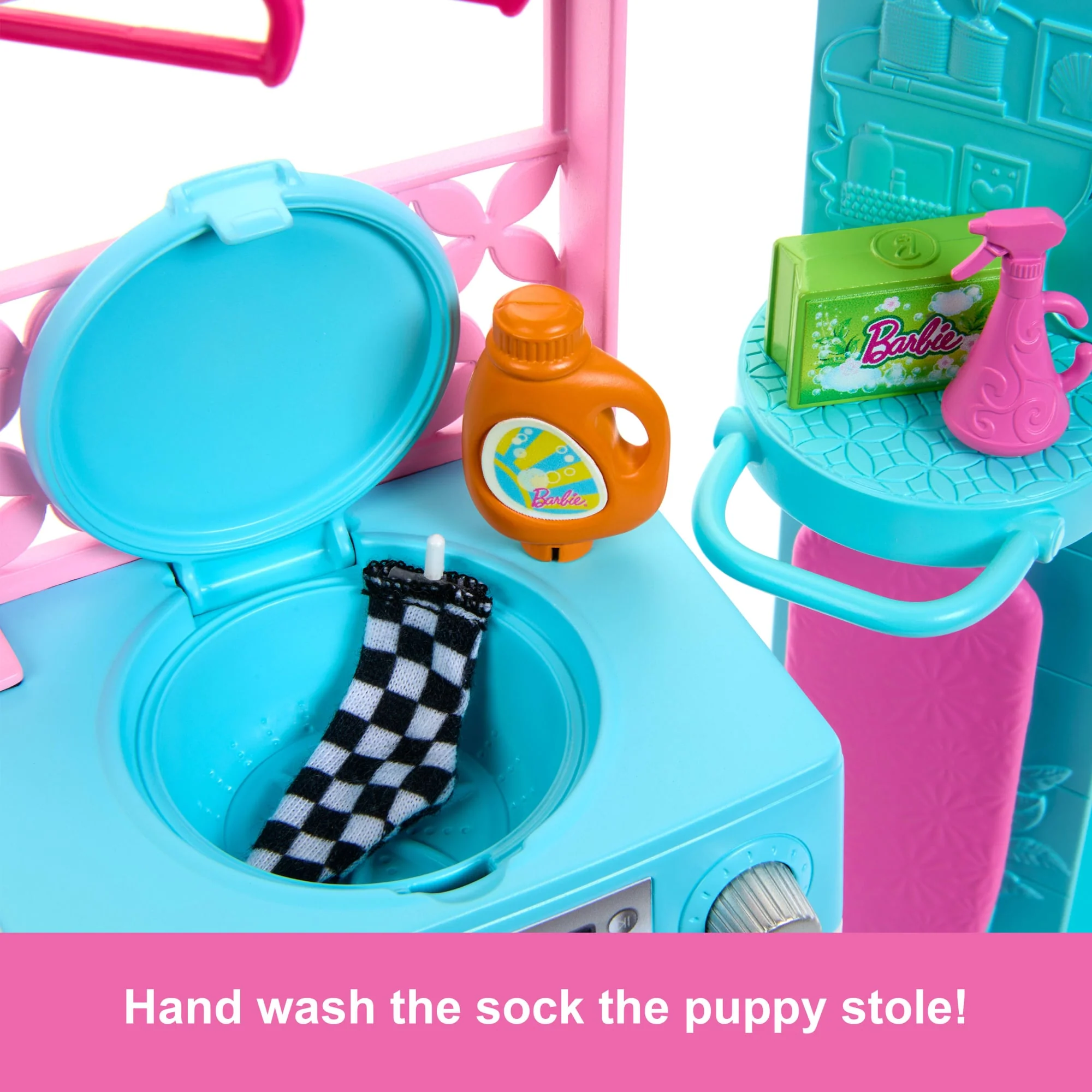 Barbie World Spinning Washer & Dryer Toy Playset With Laundry Accessories Like Hangers, Basket, & More
