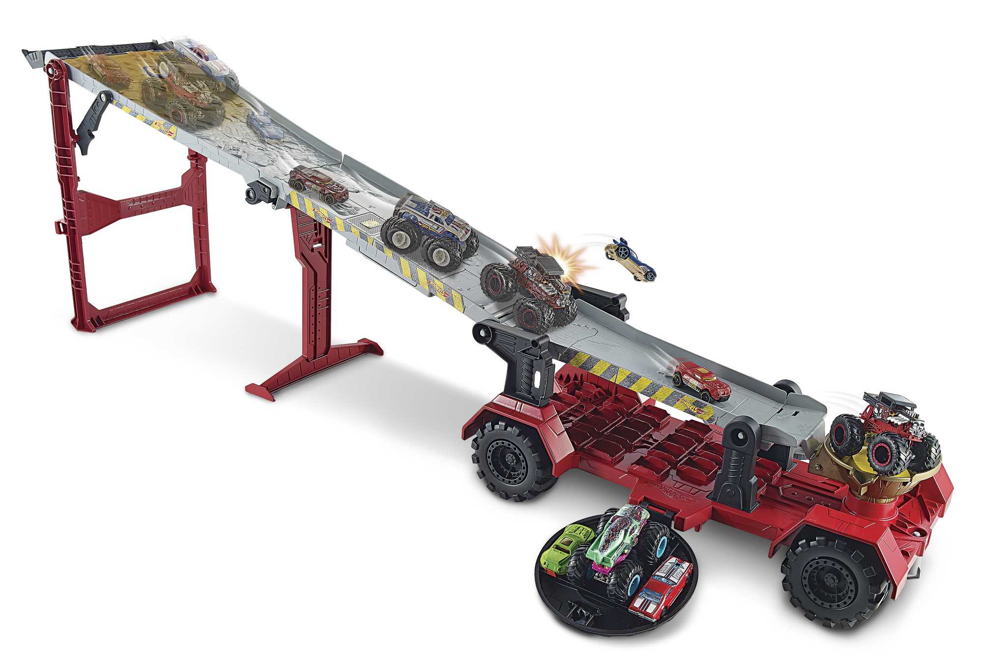 Hot Wheels Monster Trucks, Transporter And Track With 1:64 Scale Toy Truck