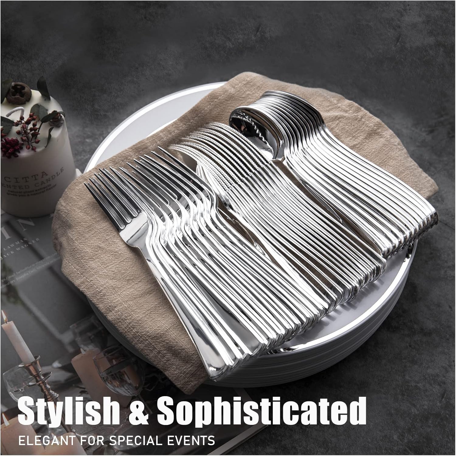 WDF300 Pieces Gold Plastic Silverware - Heavy Duty Disposable Gold Cutlery Set Plastic Gold Silverware Set Plastic Includes 100 Forks, 100 Spoons, 100 Knives