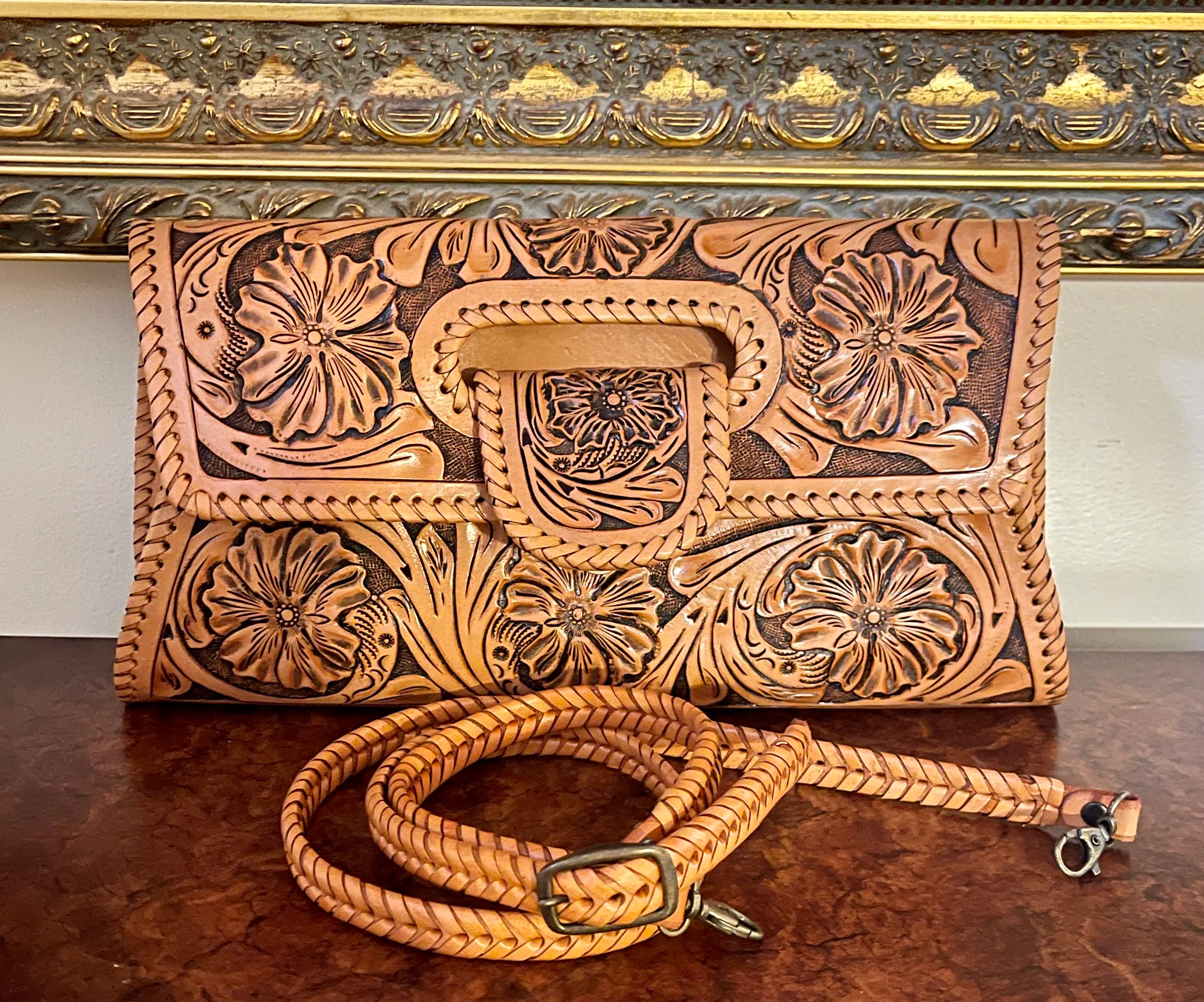 Hand-Tooled Leather Large Crossbody Clutch 