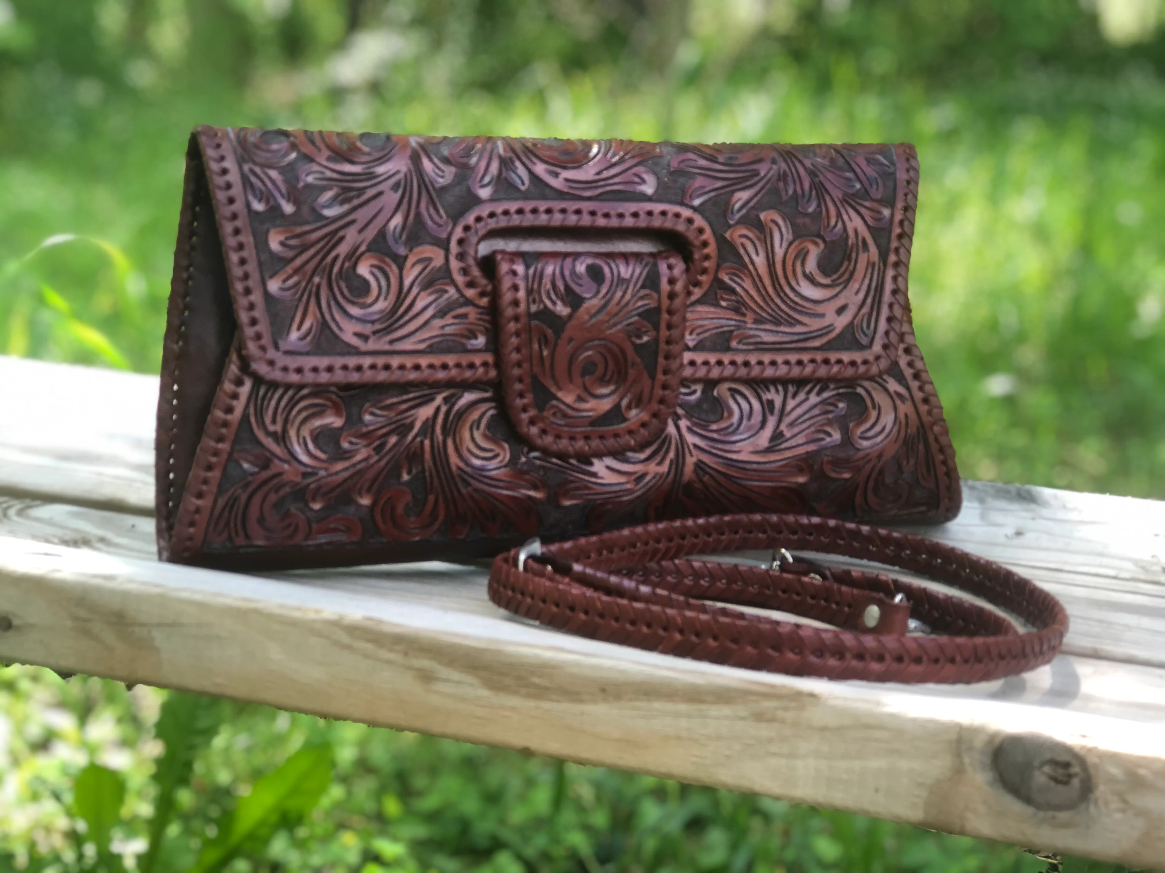 Hand-Tooled Leather Large Crossbody Clutch 