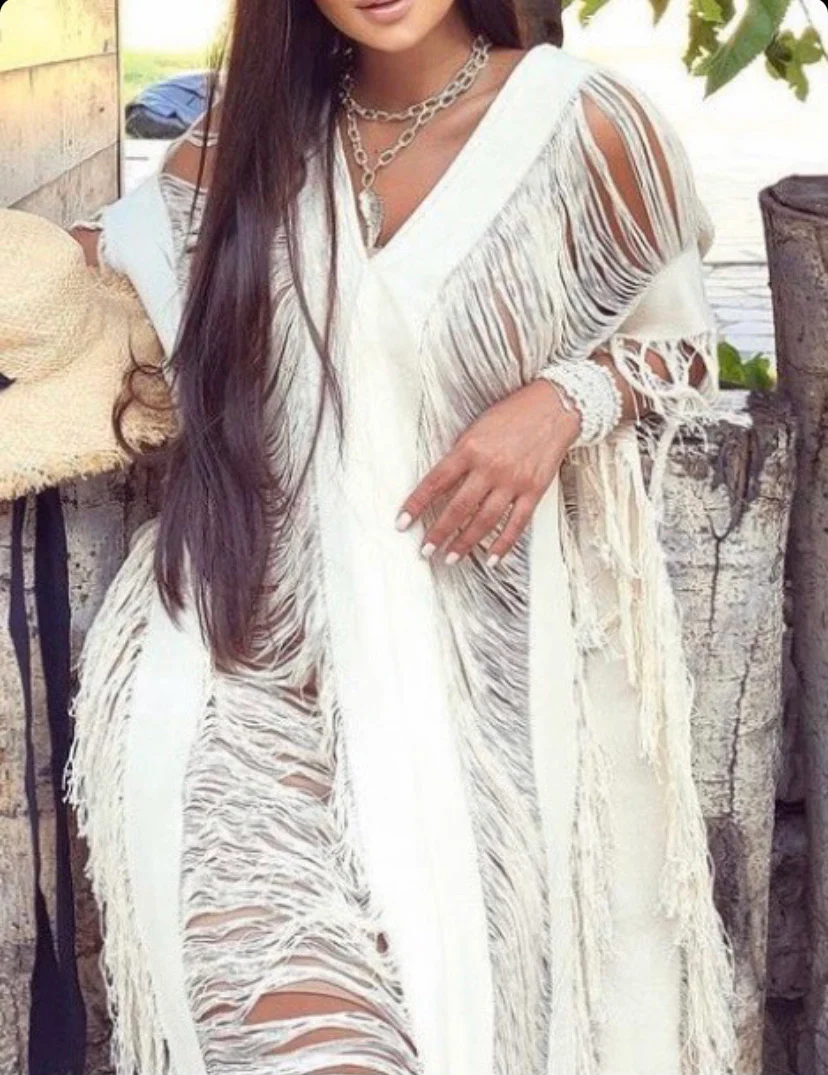 Handmade Frayed Maxi Beach Cotton Dress 
