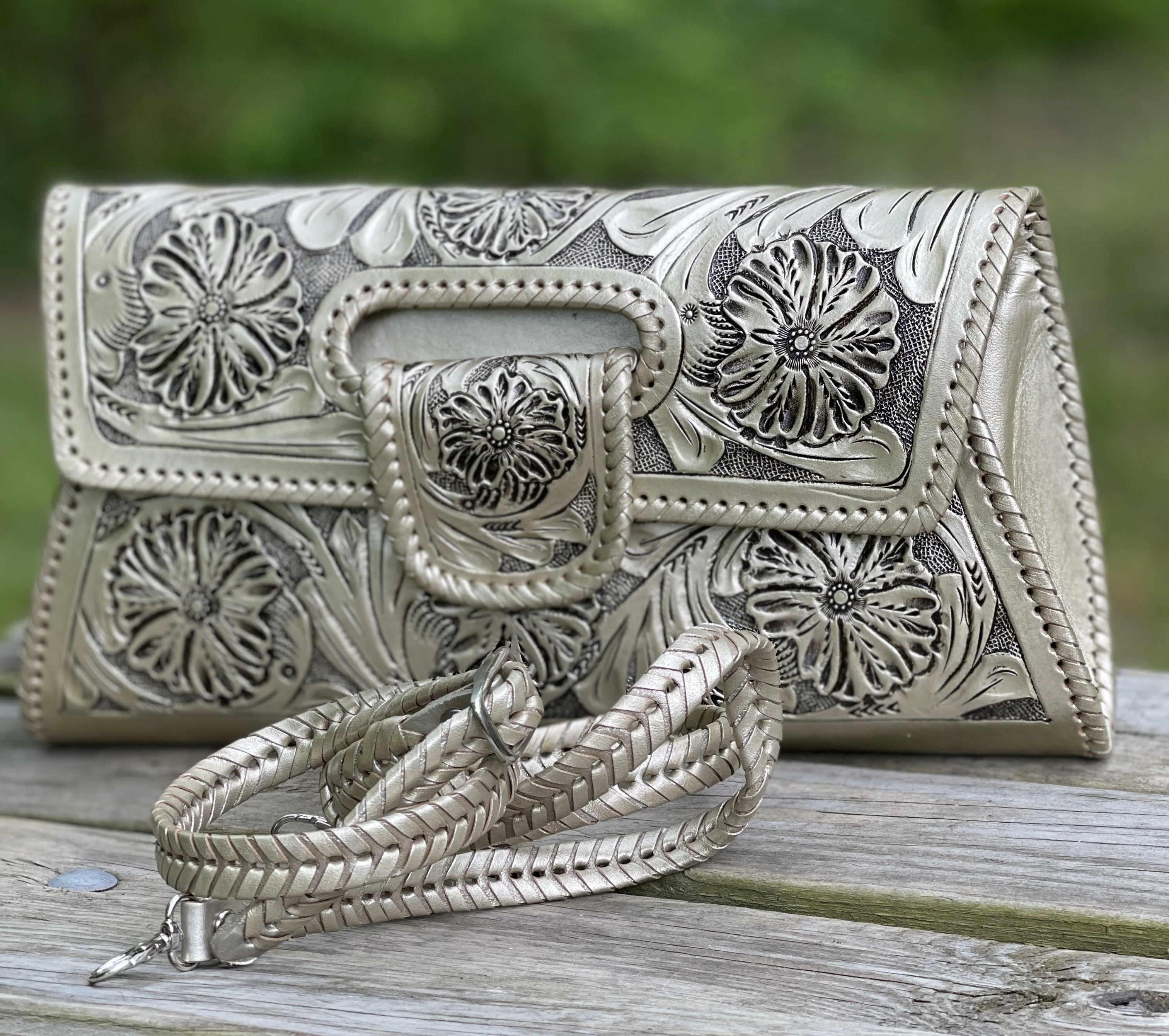 Hand-Tooled Leather Large Crossbody Clutch 