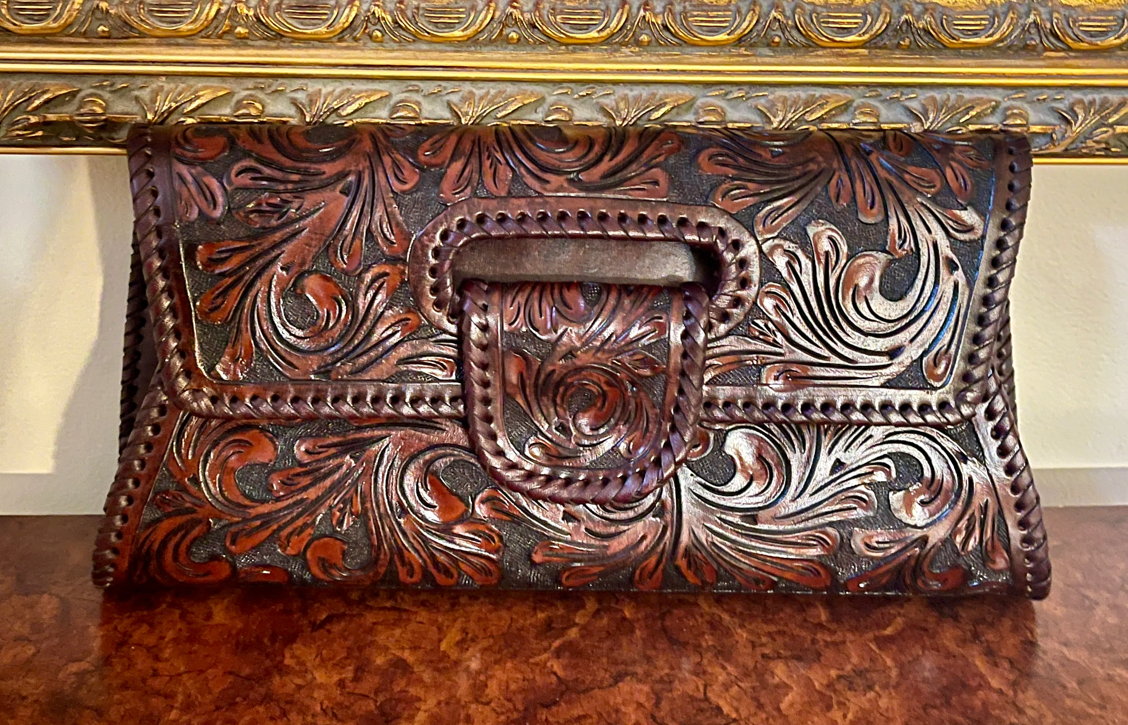 Hand-Tooled Leather Large Crossbody Clutch 