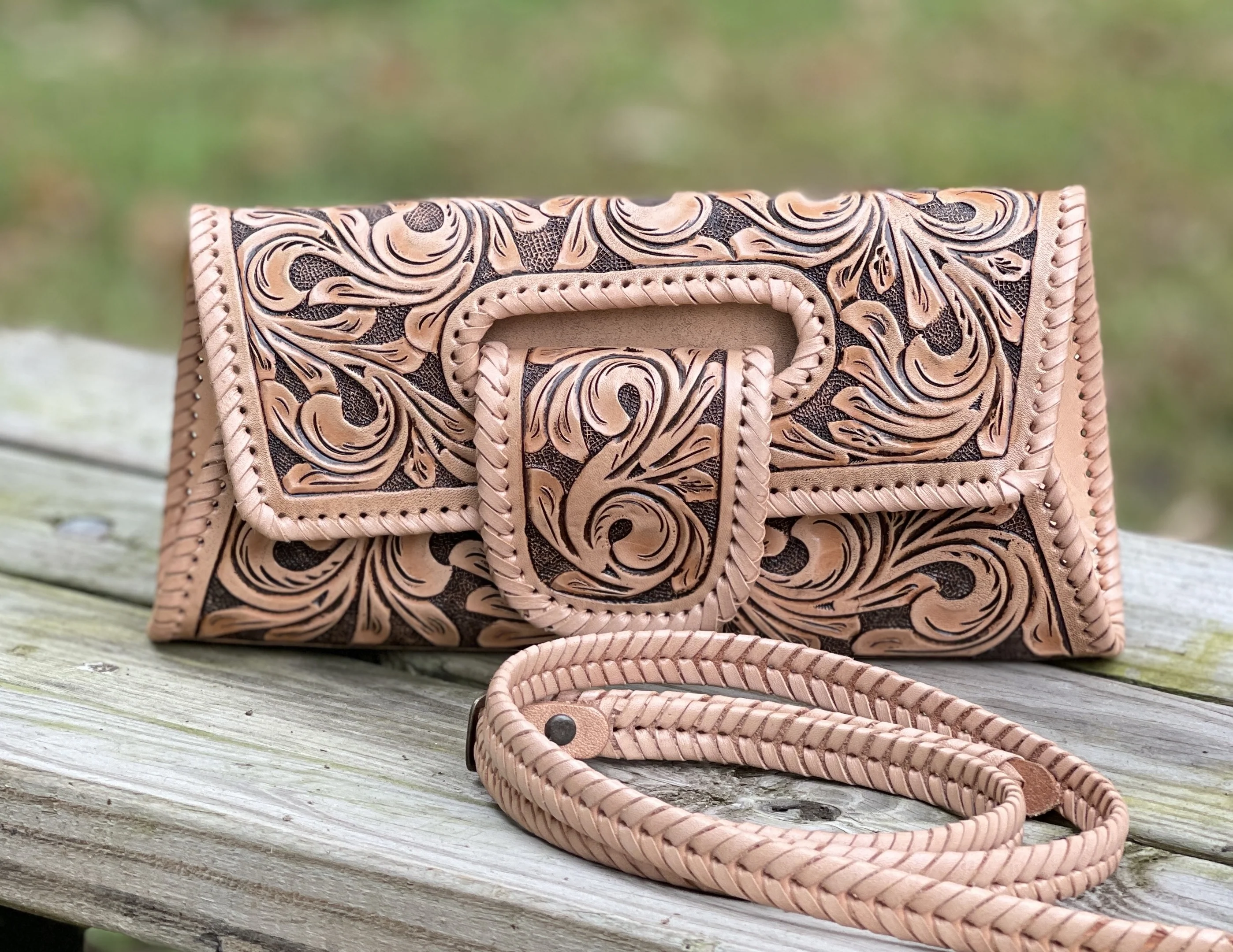 Hand-Tooled Leather Large Crossbody Clutch 