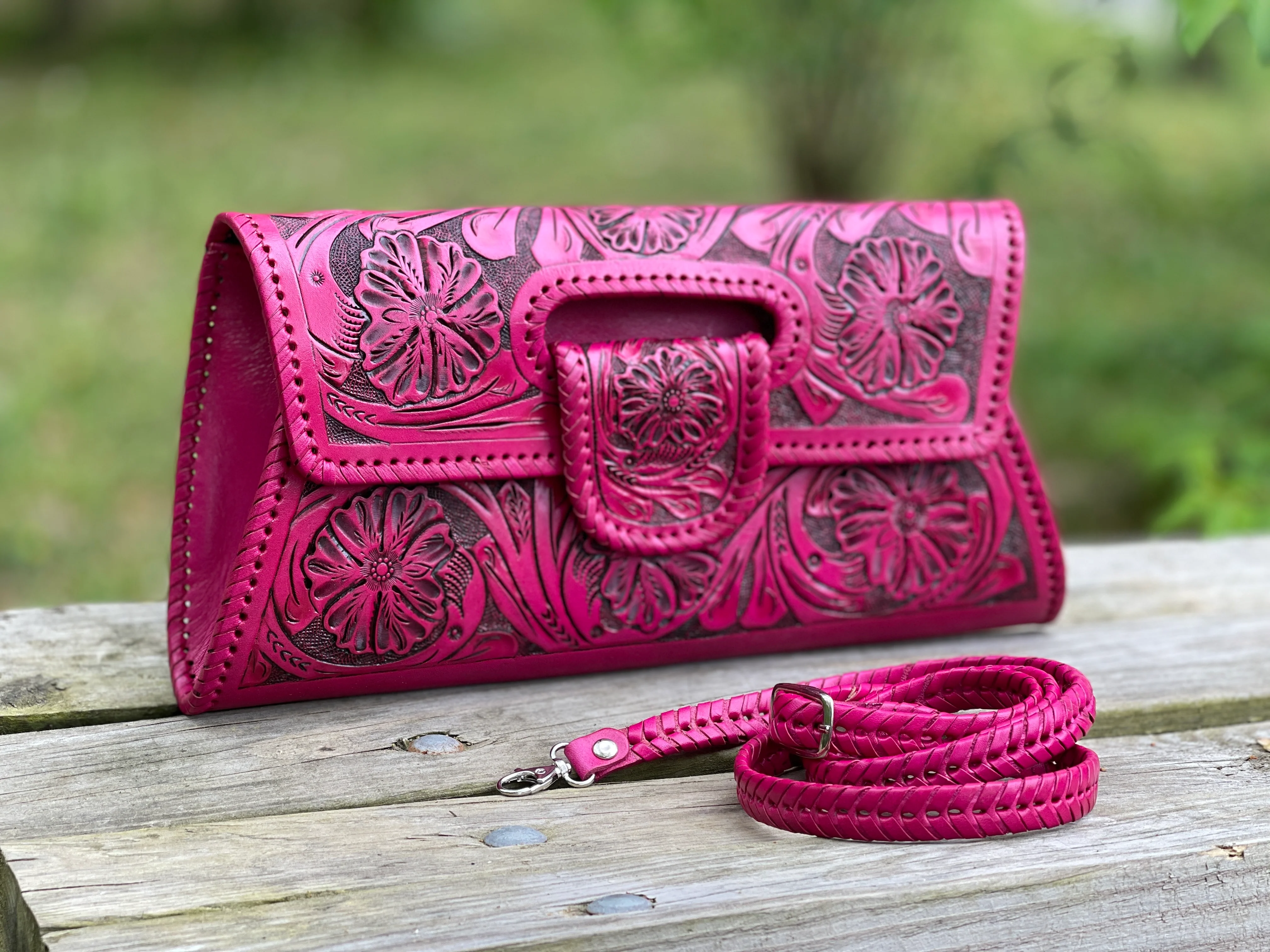 Hand-Tooled Leather Large Crossbody Clutch 