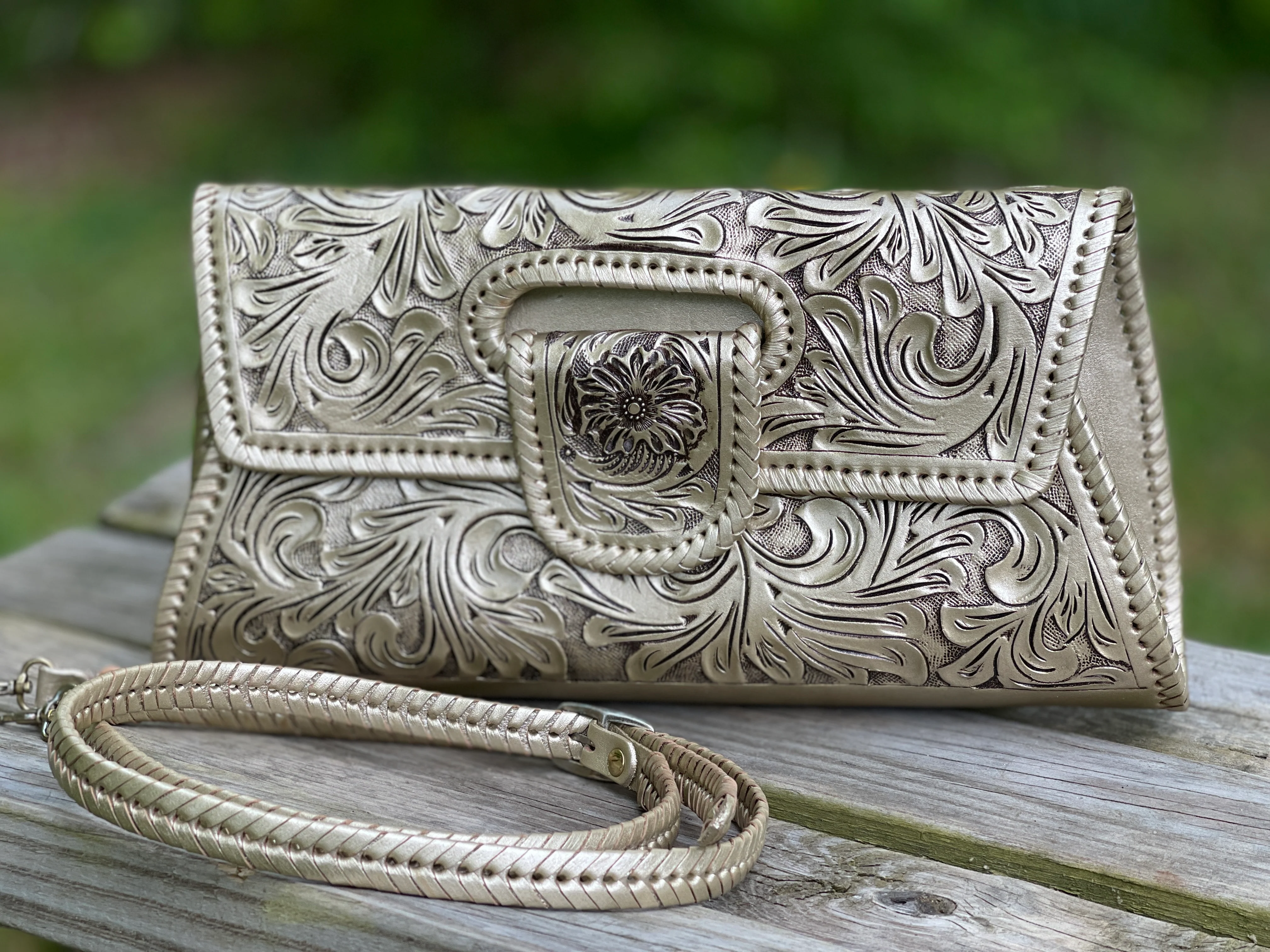 Hand-Tooled Leather Large Crossbody Clutch 