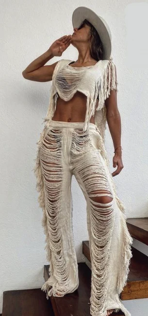 Handmade Frayed Set Pants & Crop 