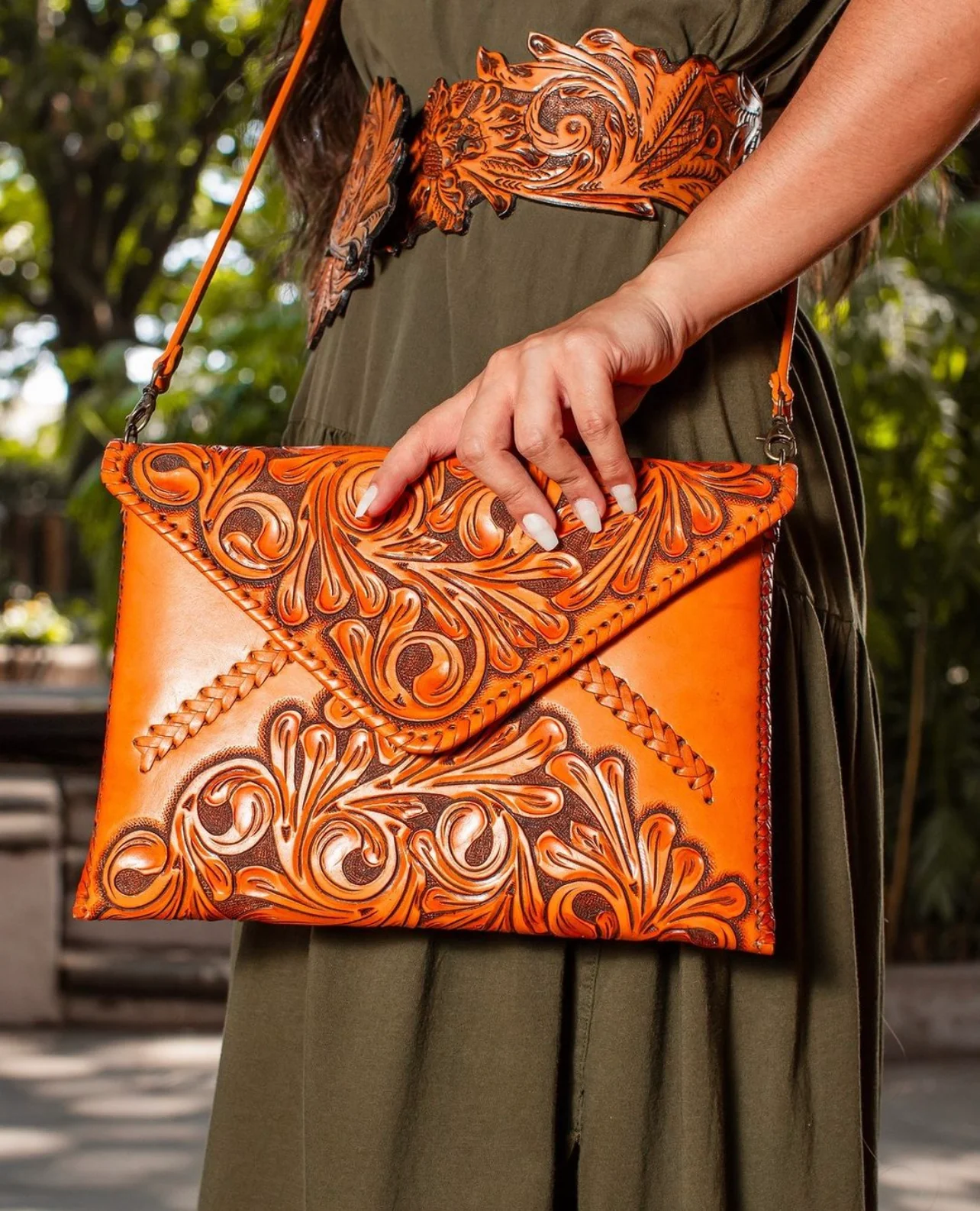 Hand-Tooled Leather Crossbody & Clutch Bag 