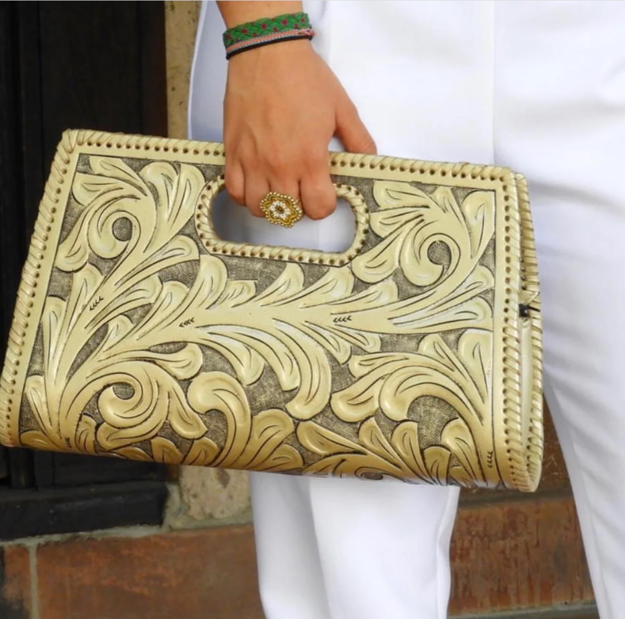 Hand-Tooled Leather Large Clutch Bag
