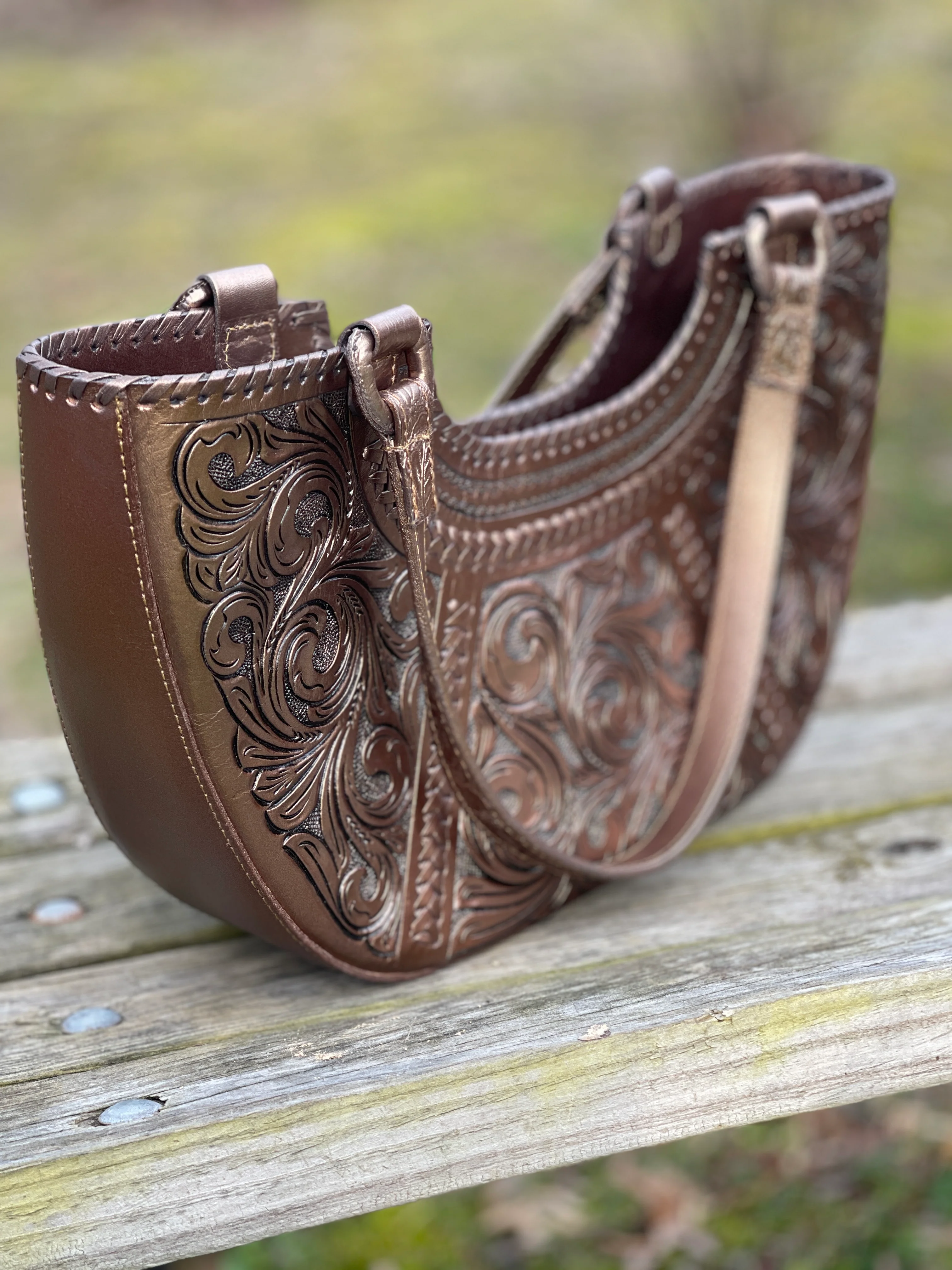 Hand-Tooled Leather Satchel, Shoulder Bag 